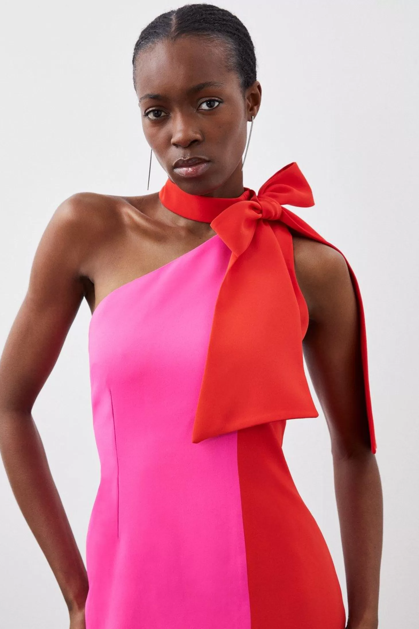 Karen Millen Petite Soft Tailored Color Block Tie Neck Midi Dress