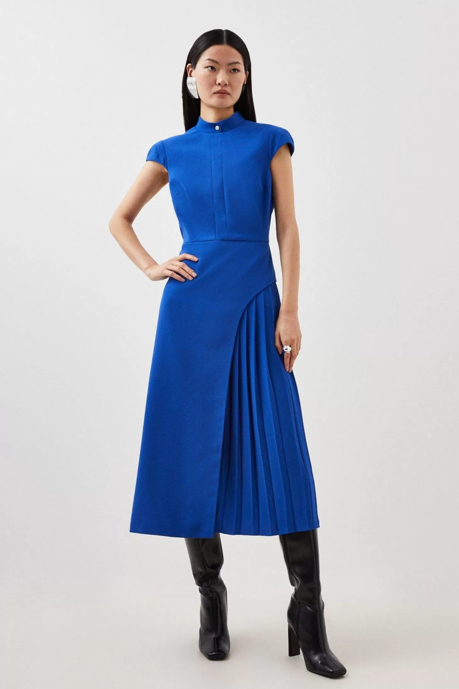 Karen Millen Petite Tailored Crepe High Neck Side Pleat Detail Midi Dress