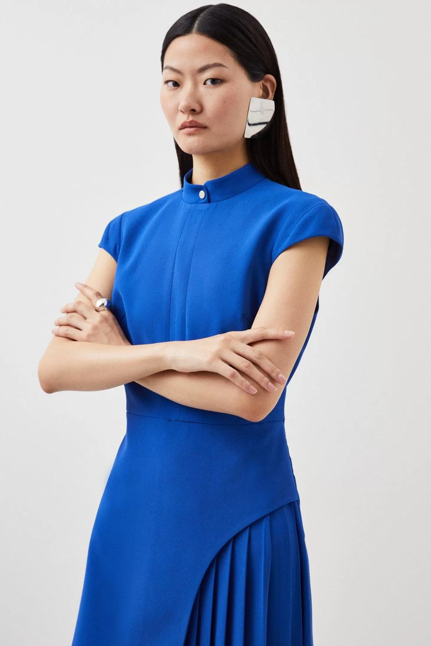 Karen Millen Petite Tailored Crepe High Neck Side Pleat Detail Midi Dress