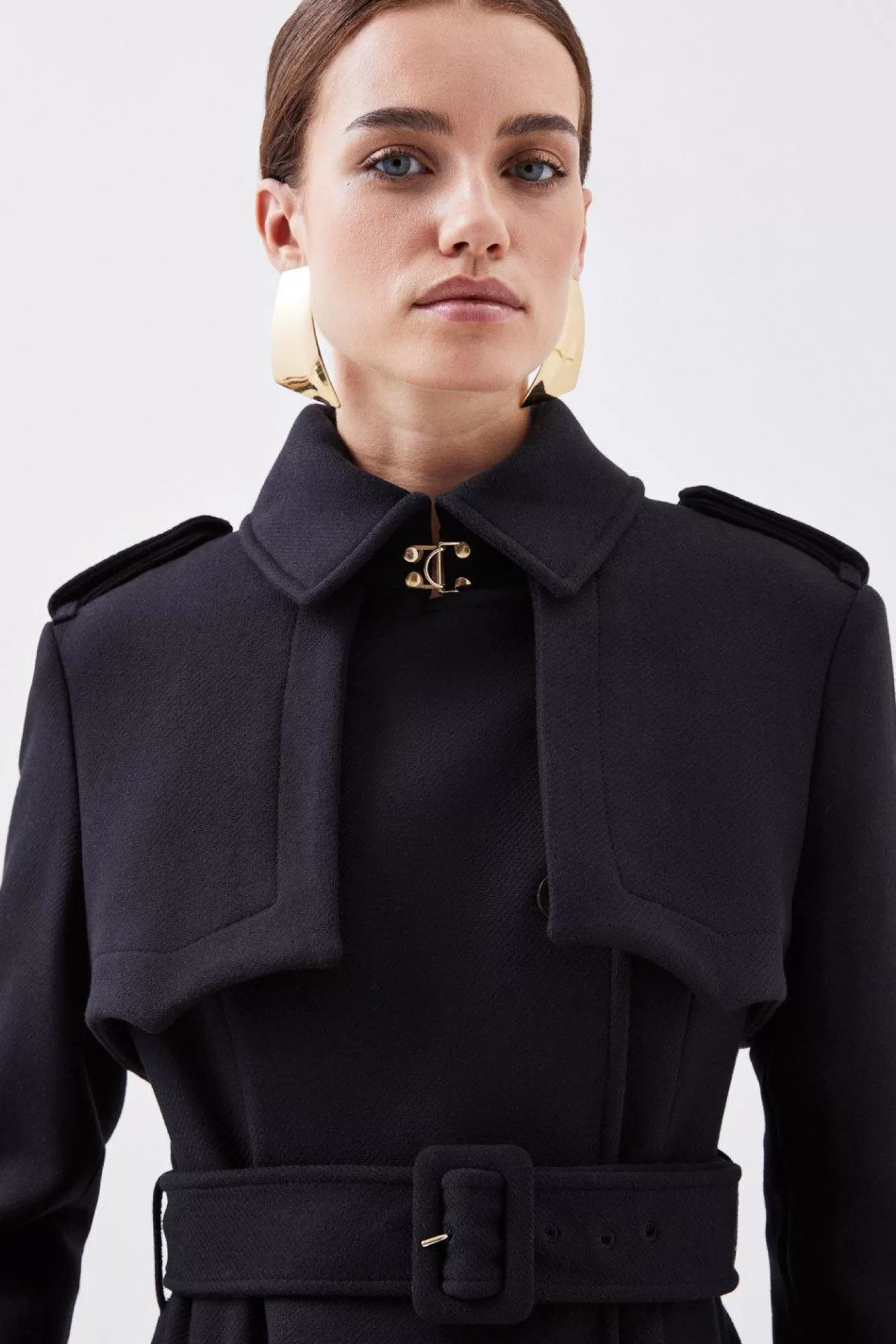 Karen Millen Petite Tailored Wool Blend Storm Flap Detail Belted Trench