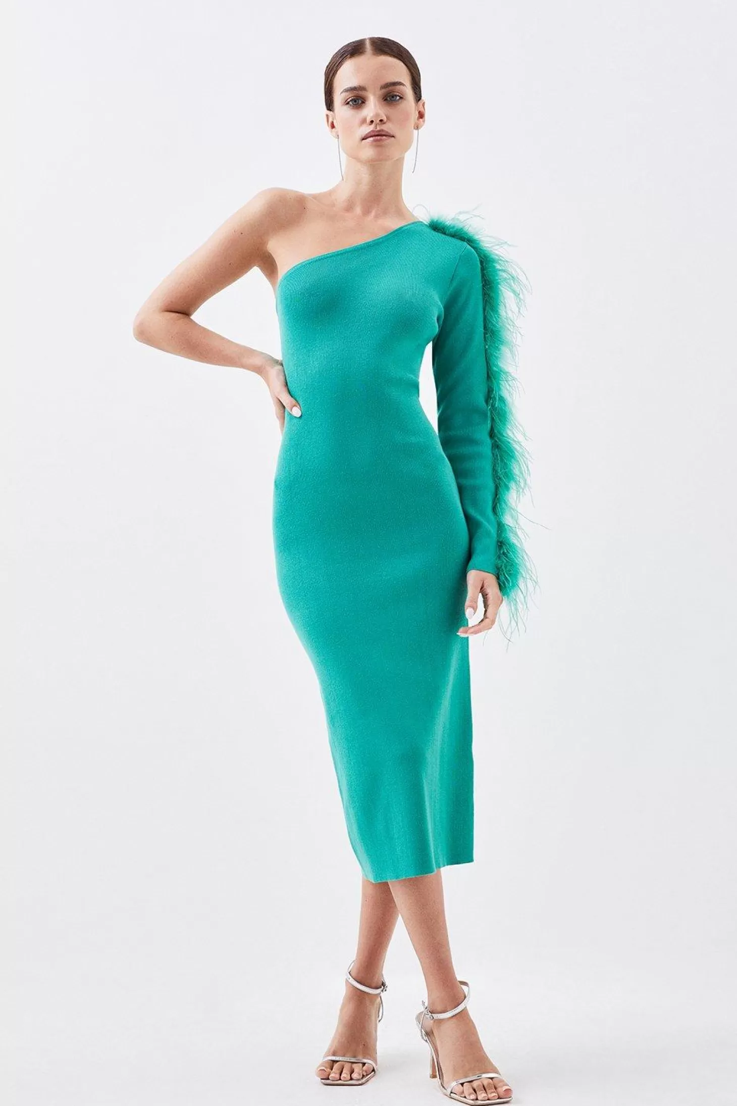 Karen Millen Petite Viscose Blend One Shoulder Feather Detail Knit Midi Dress