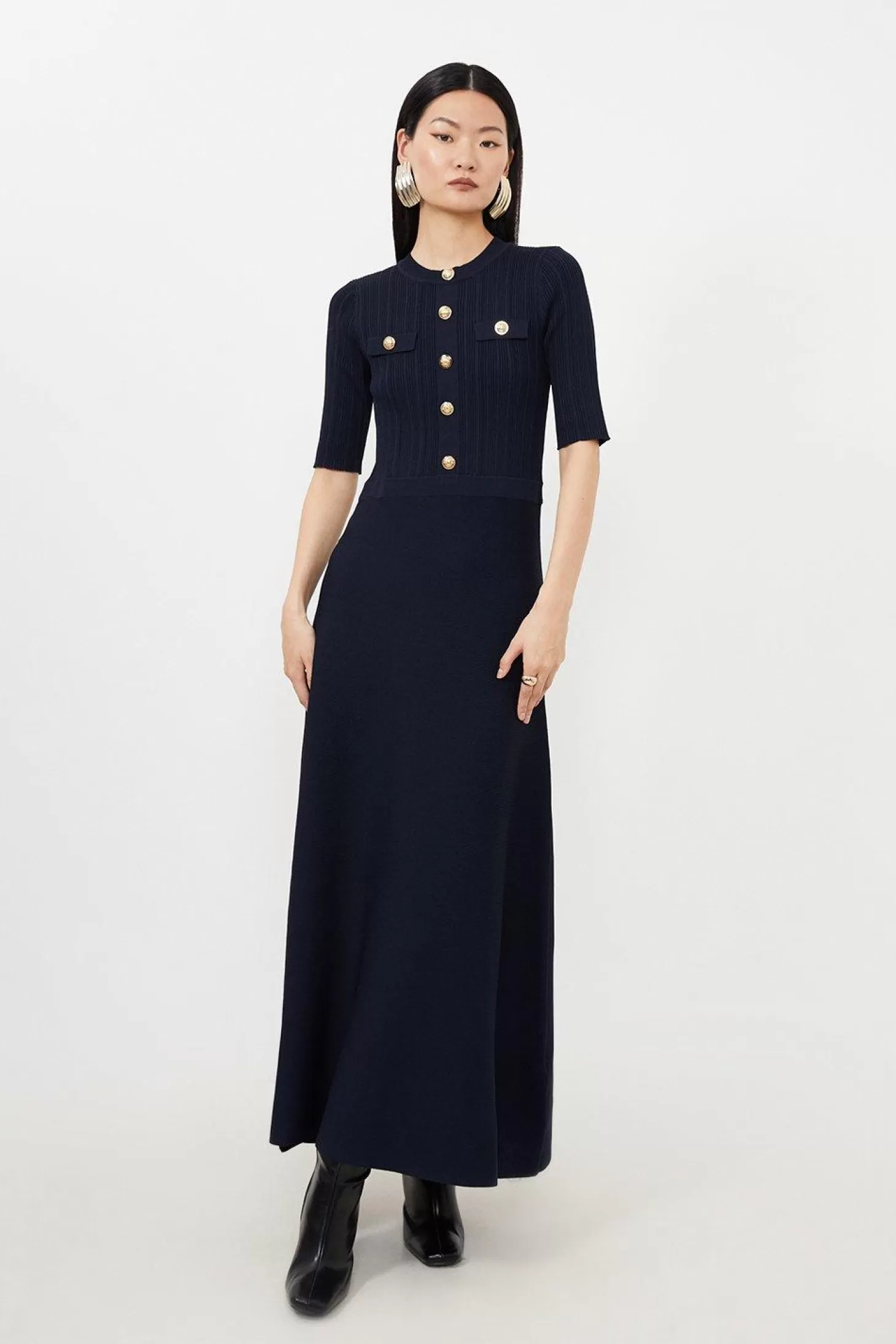 Karen Millen Petite Viscose Blend Rib Knit Military Half Sleeve Midaxi Dress