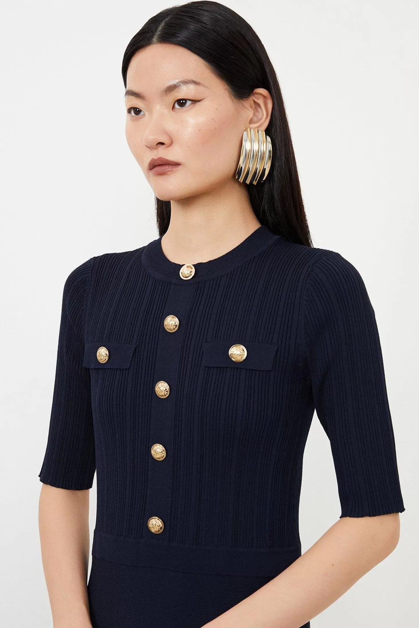 Karen Millen Petite Viscose Blend Rib Knit Military Half Sleeve Midaxi Dress