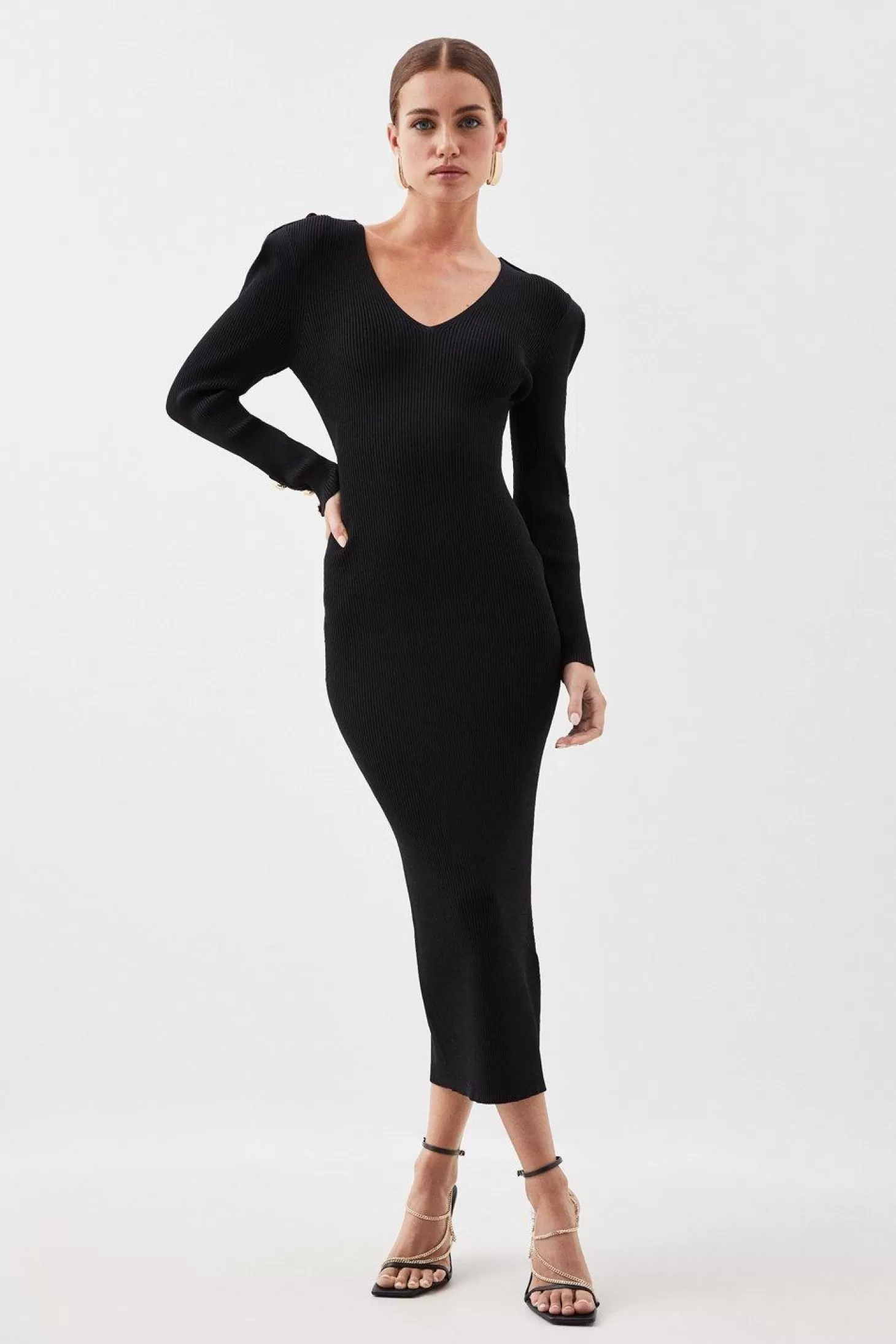 Karen Millen Petite Viscose Blend Rib Knit Military Power Shoulder Midaxi Dress