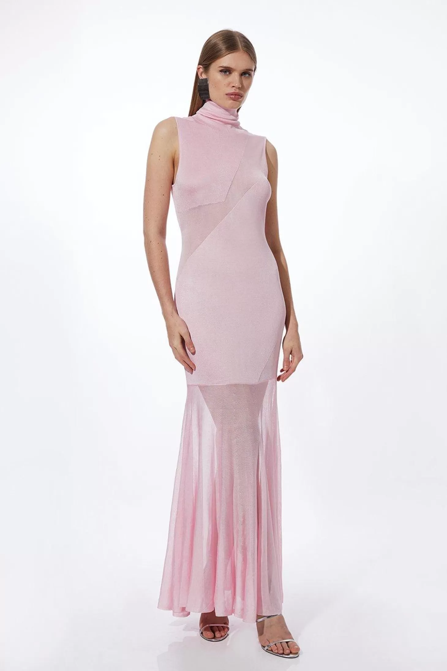 Karen Millen Petite Viscose Blend Slinky Sheer Knit Roll Neck Maxi Dress