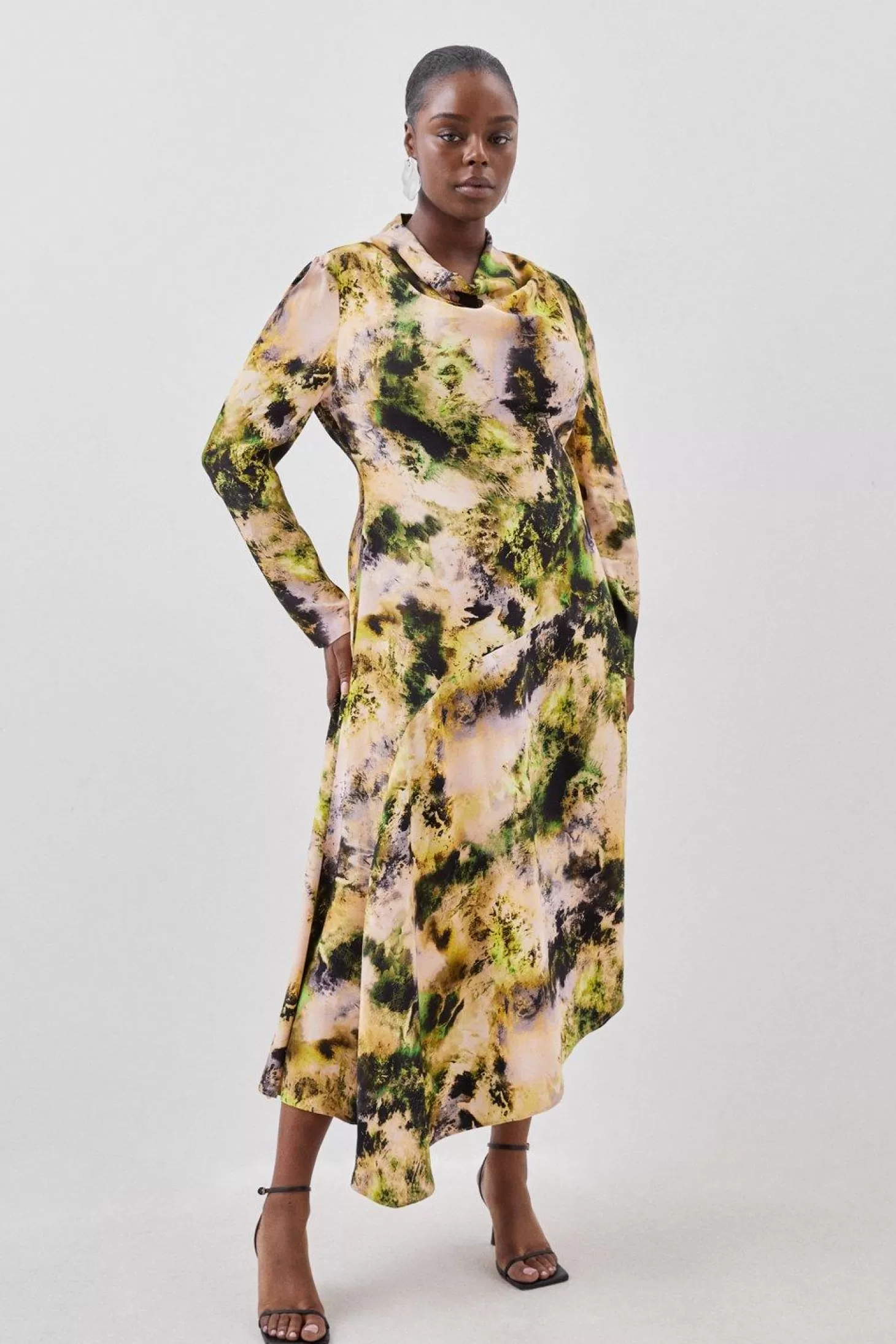 Karen Millen Plus Size Abstract Print Satin Asymmetric Woven Maxi Dress