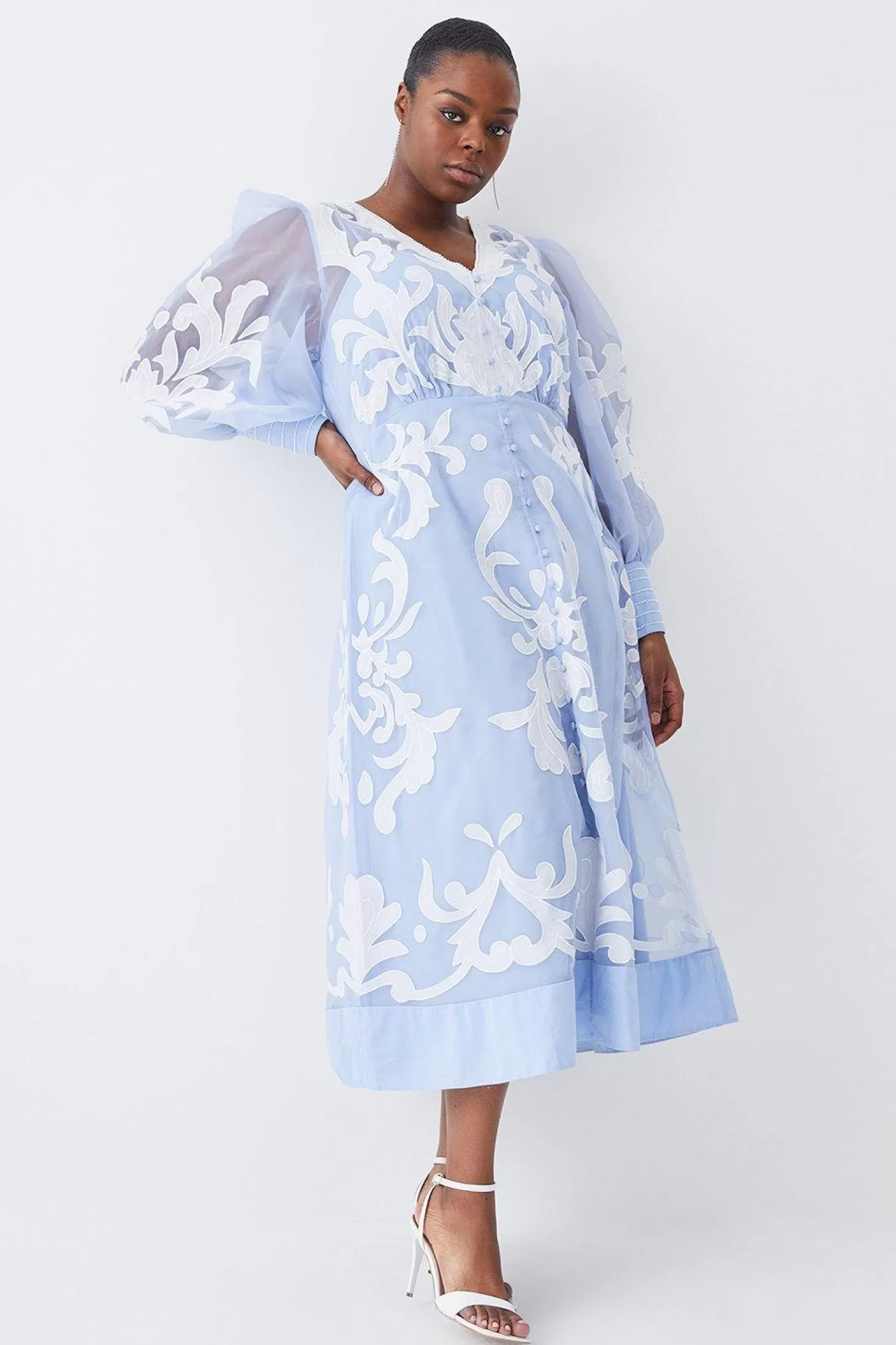 Karen Millen Plus Size Applique Organdie Buttoned Woven Maxi Dress