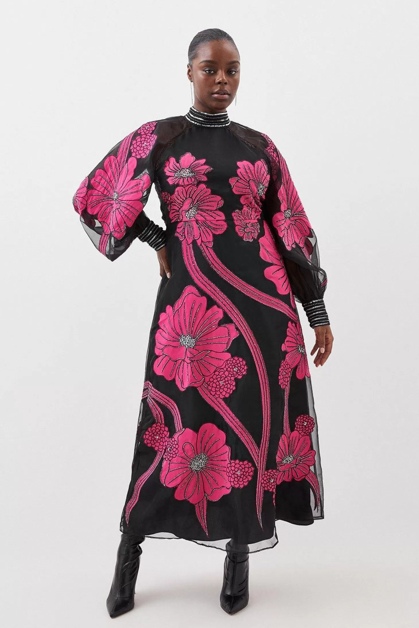 Karen Millen Plus Size Applique Organdie Floral Graphic Woven Maxi Dress