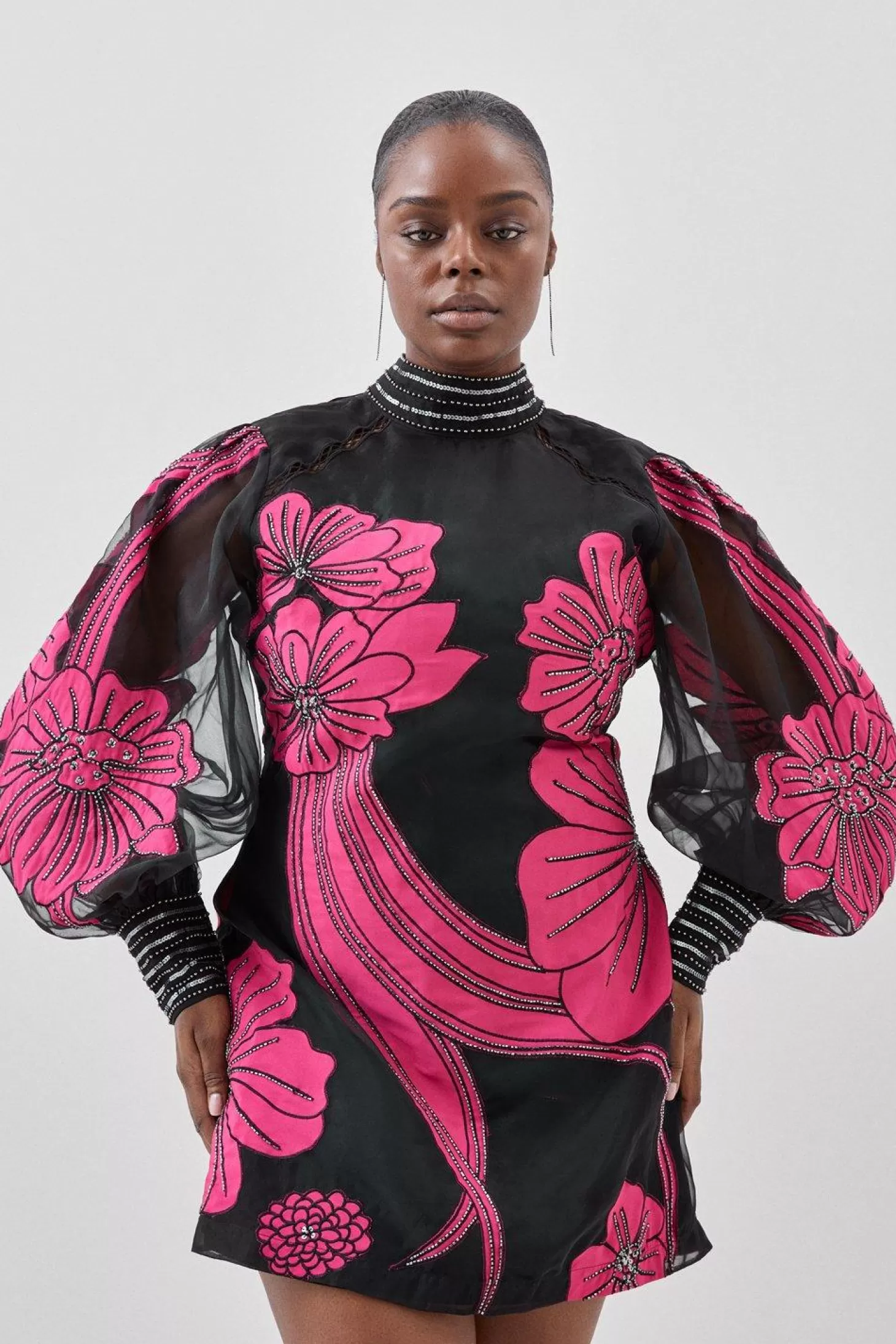 Karen Millen Plus Size Applique Organdie Floral Graphic Woven Mini Dress