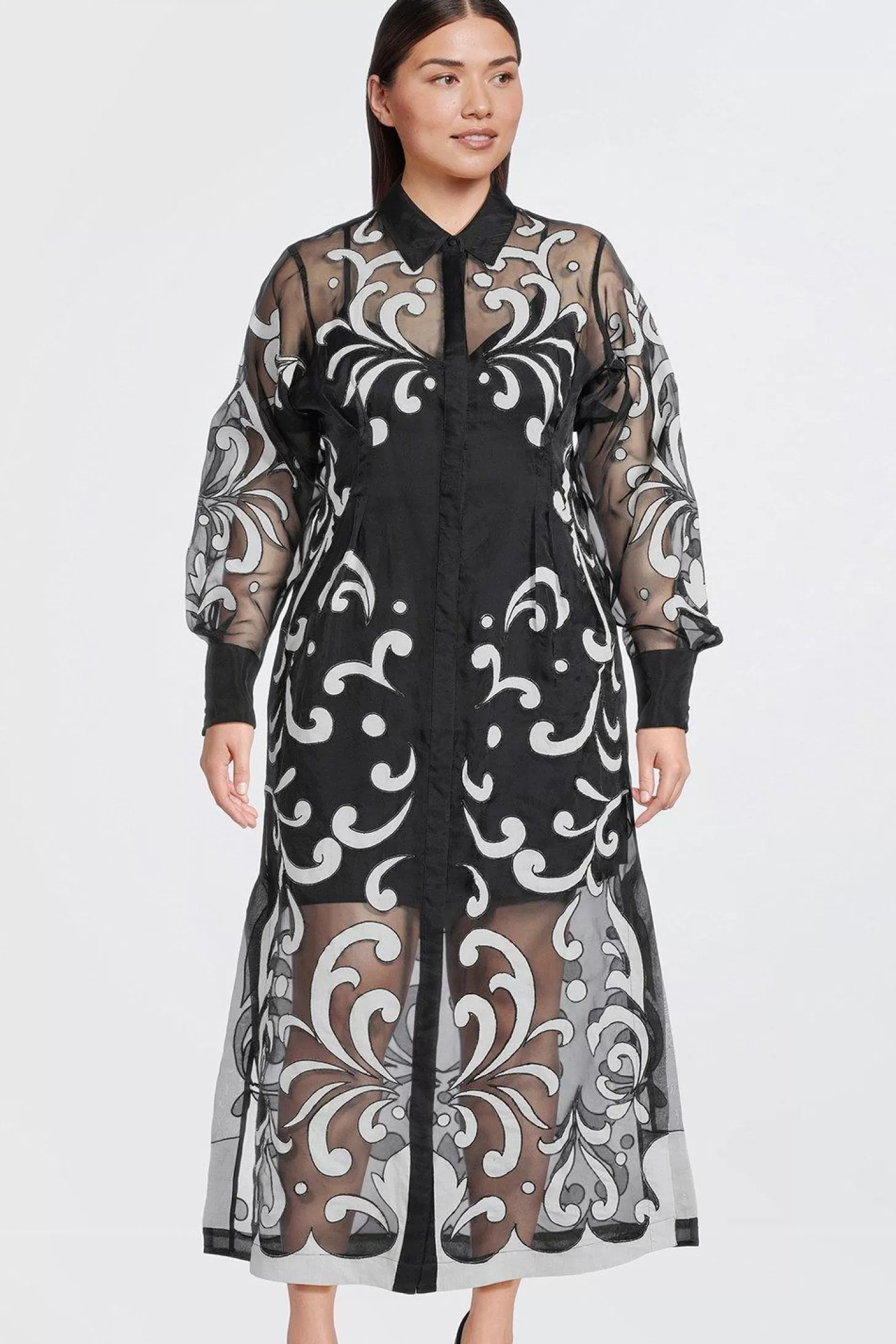 Karen Millen Plus Size Applique Organdie Woven Midi Shirt Dress
