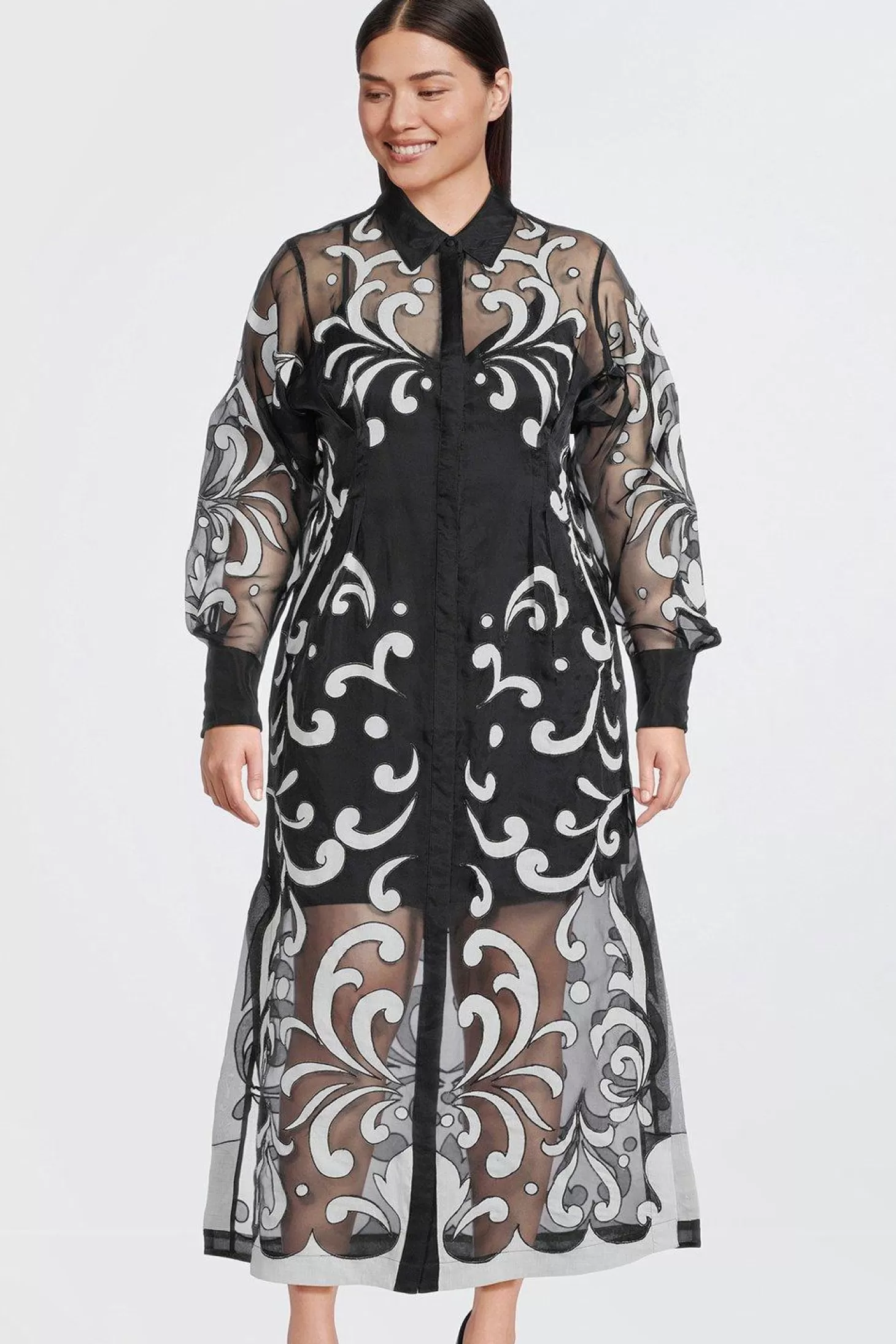 Karen Millen Plus Size Applique Organdie Woven Midi Shirt Dress