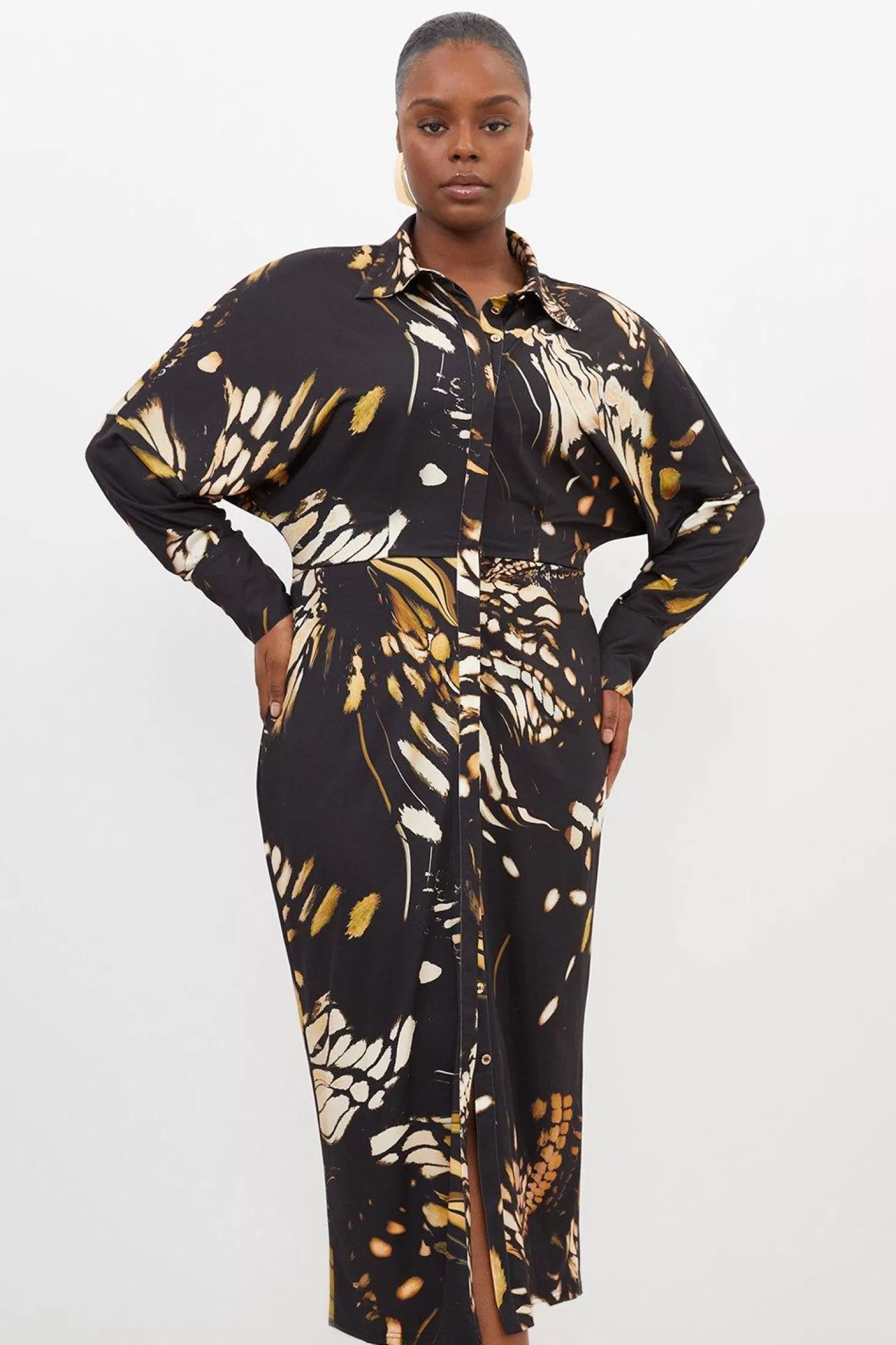 Karen Millen Plus Size Butterfly Print Jersey Crepe Maxi Shirt Dress