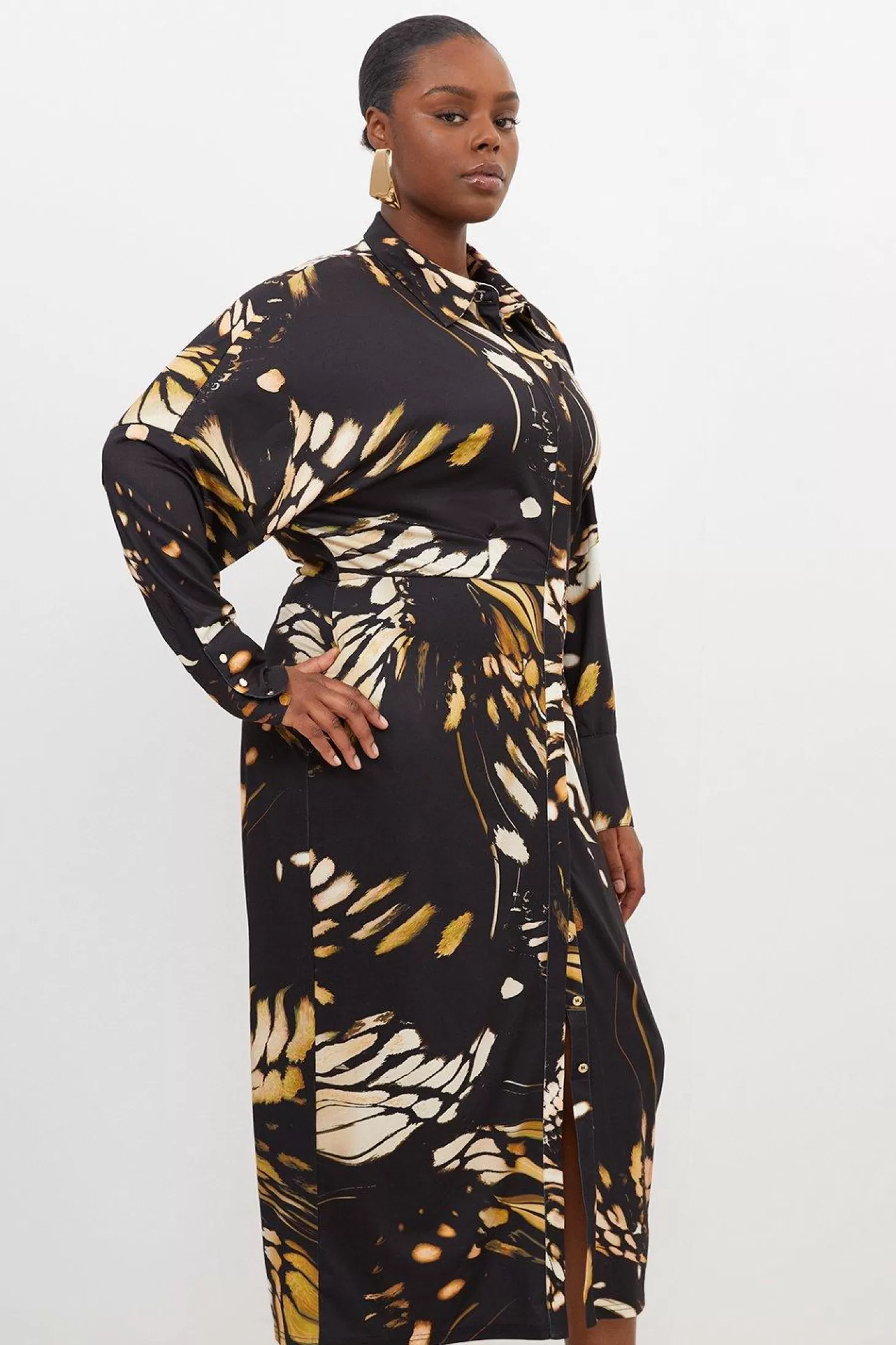 Karen Millen Plus Size Butterfly Print Jersey Crepe Maxi Shirt Dress