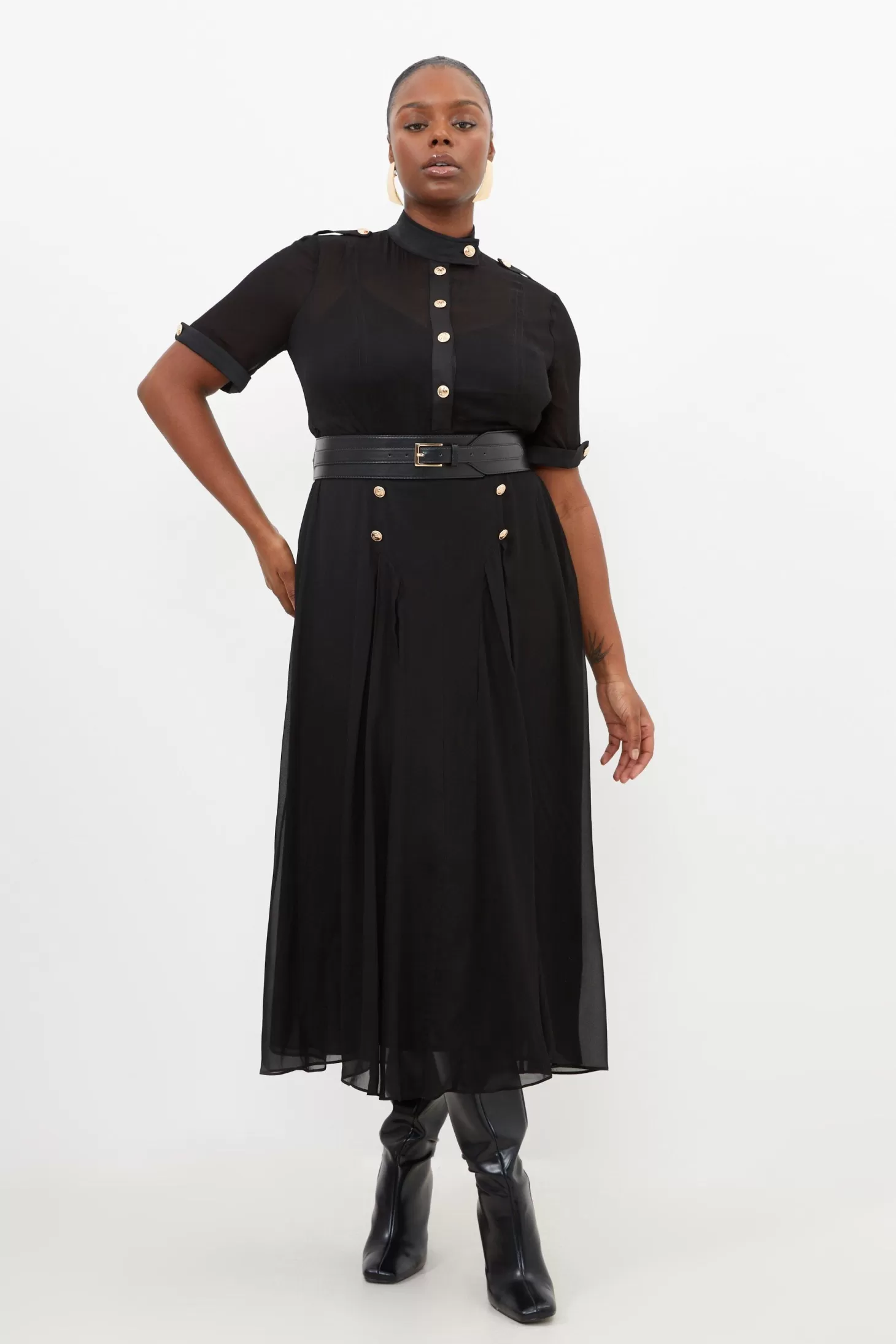 Karen Millen Plus Size Contrast Satin Georgette Woven Belted Midi Dress