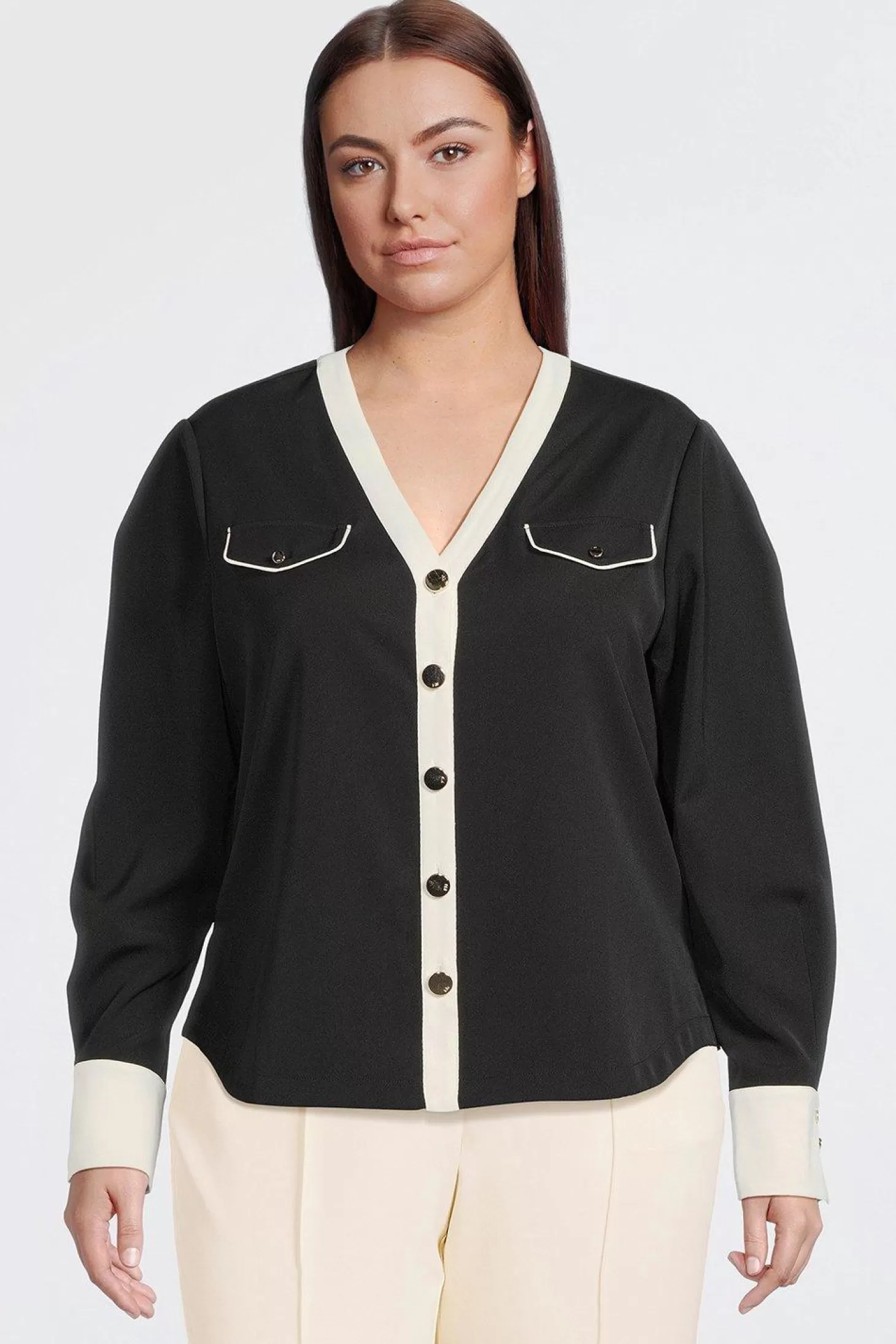 Karen Millen Plus Size Contrast Twill Long Sleeve Button Up Shirt