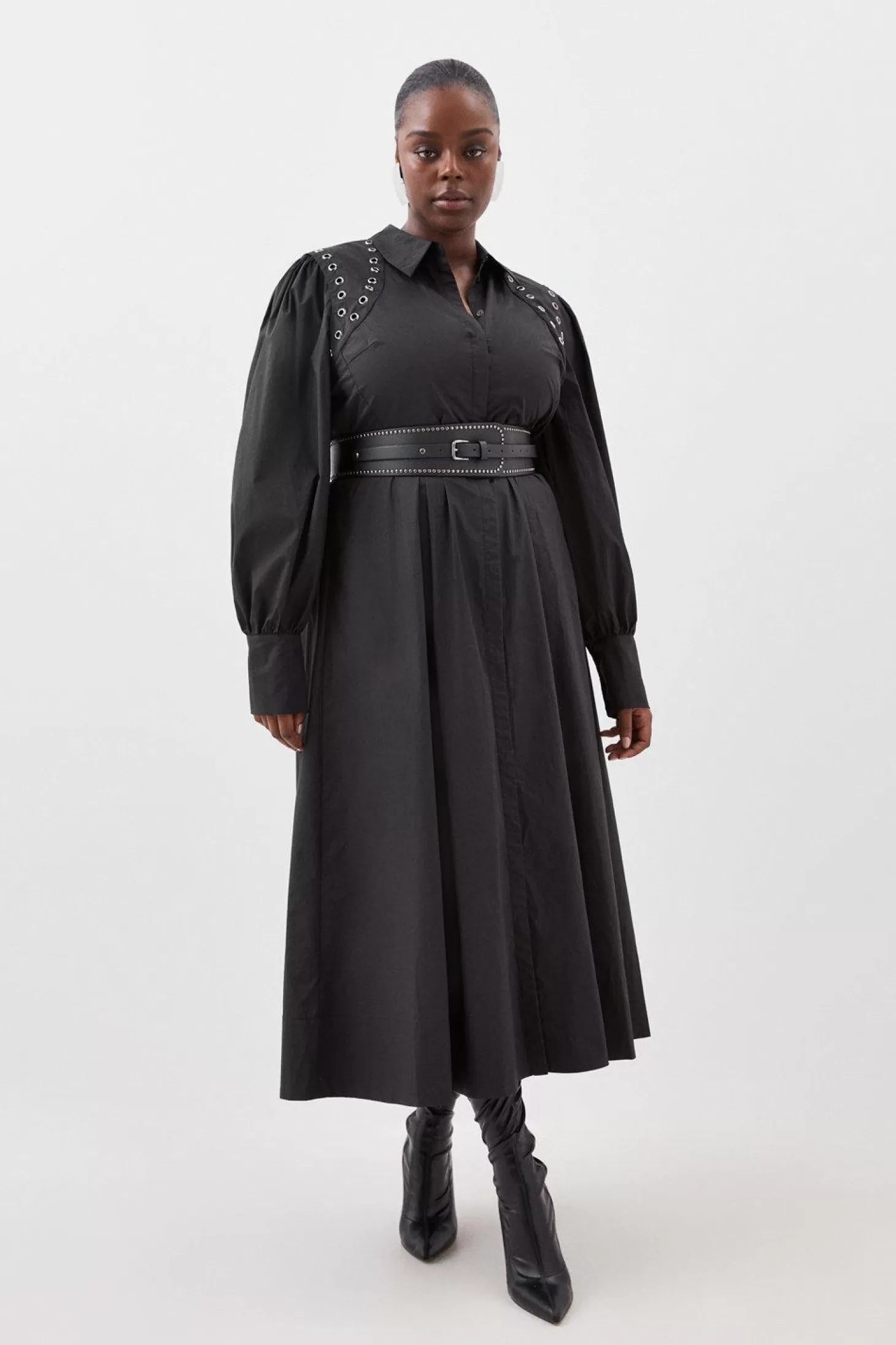 Karen Millen Plus Size Cotton Eyelet Belted Long Sleeve Woven Maxi Dress