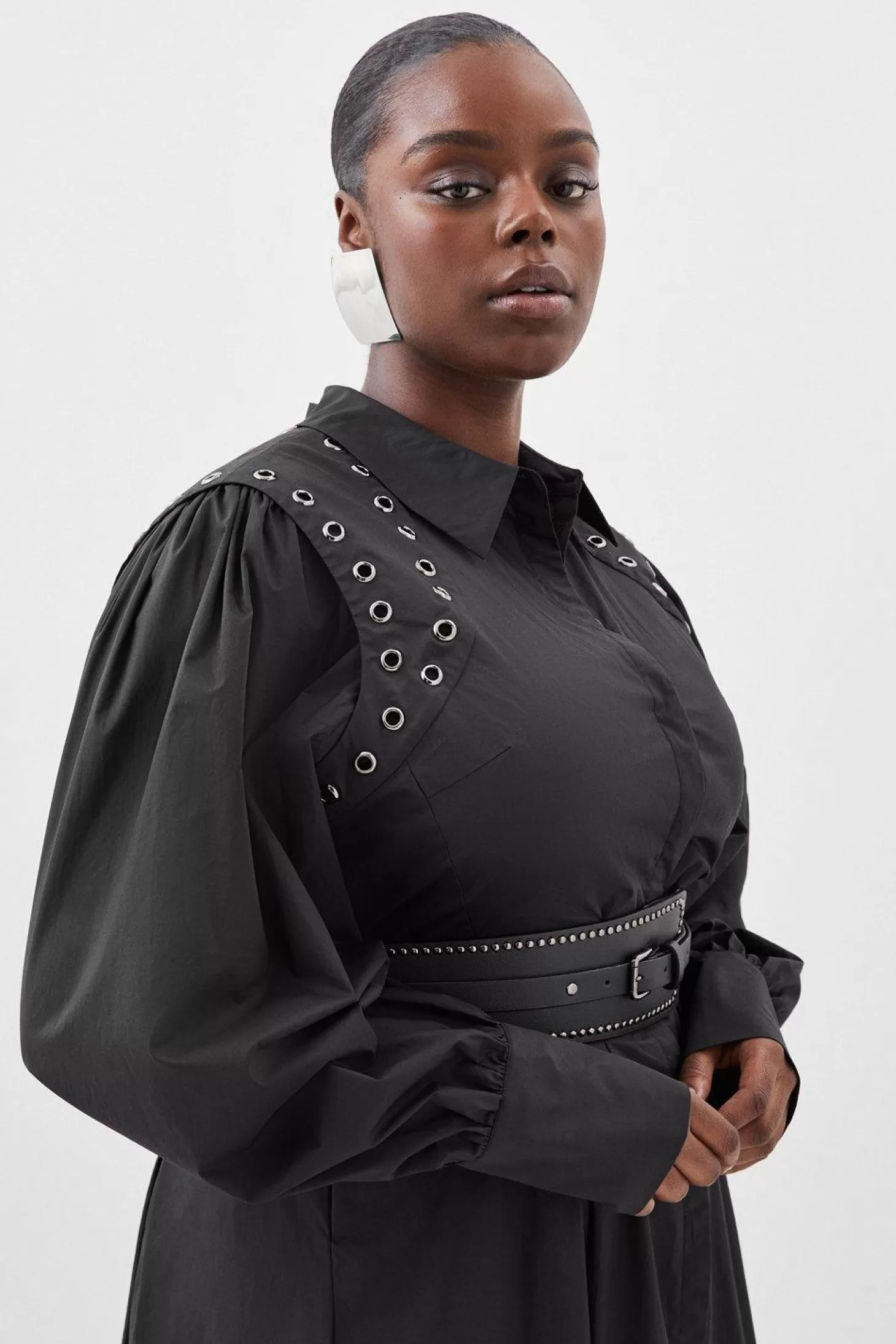 Karen Millen Plus Size Cotton Eyelet Belted Long Sleeve Woven Maxi Dress