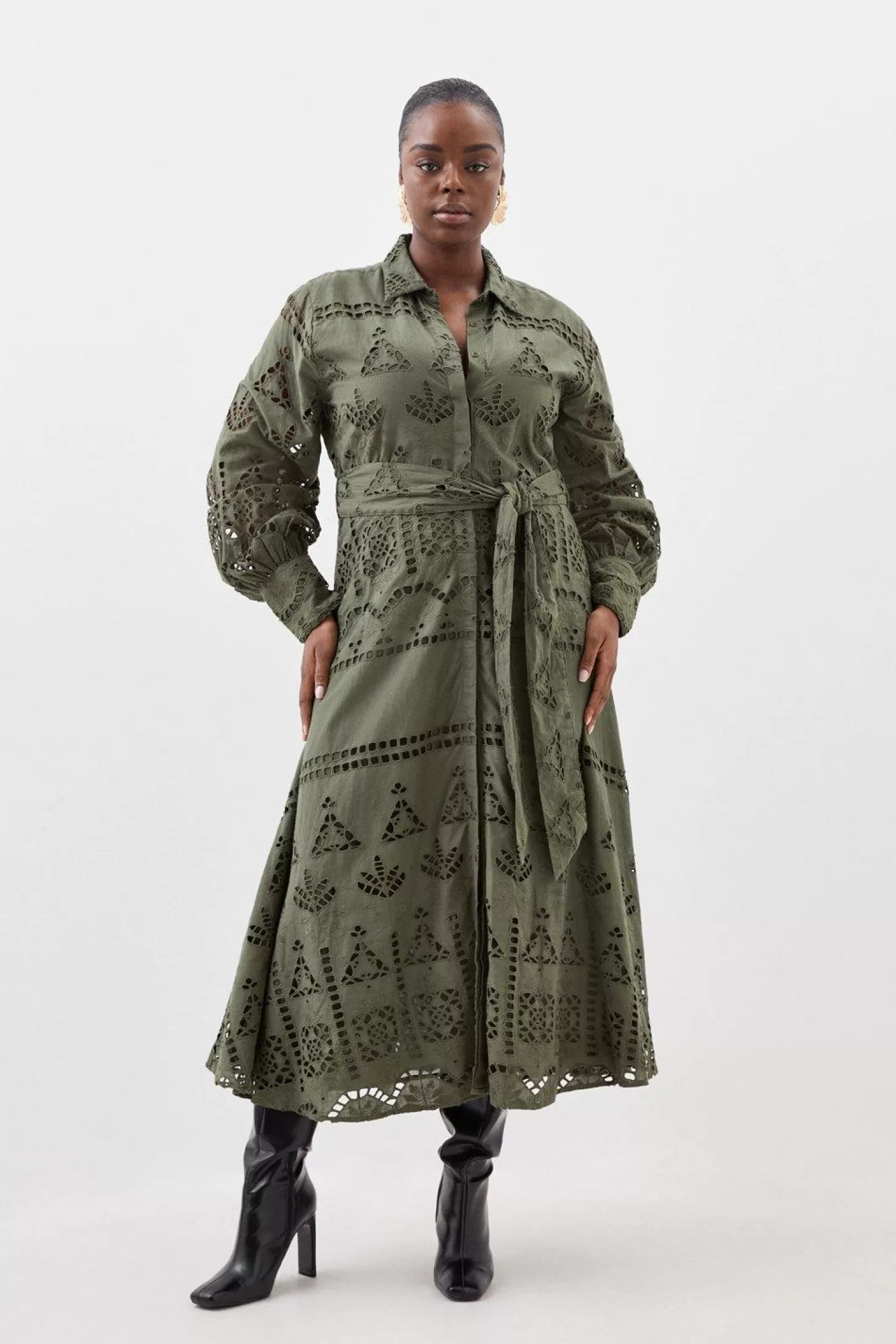 Karen Millen Plus Size Cotton Eyelet Belted Woven Maxi Dress