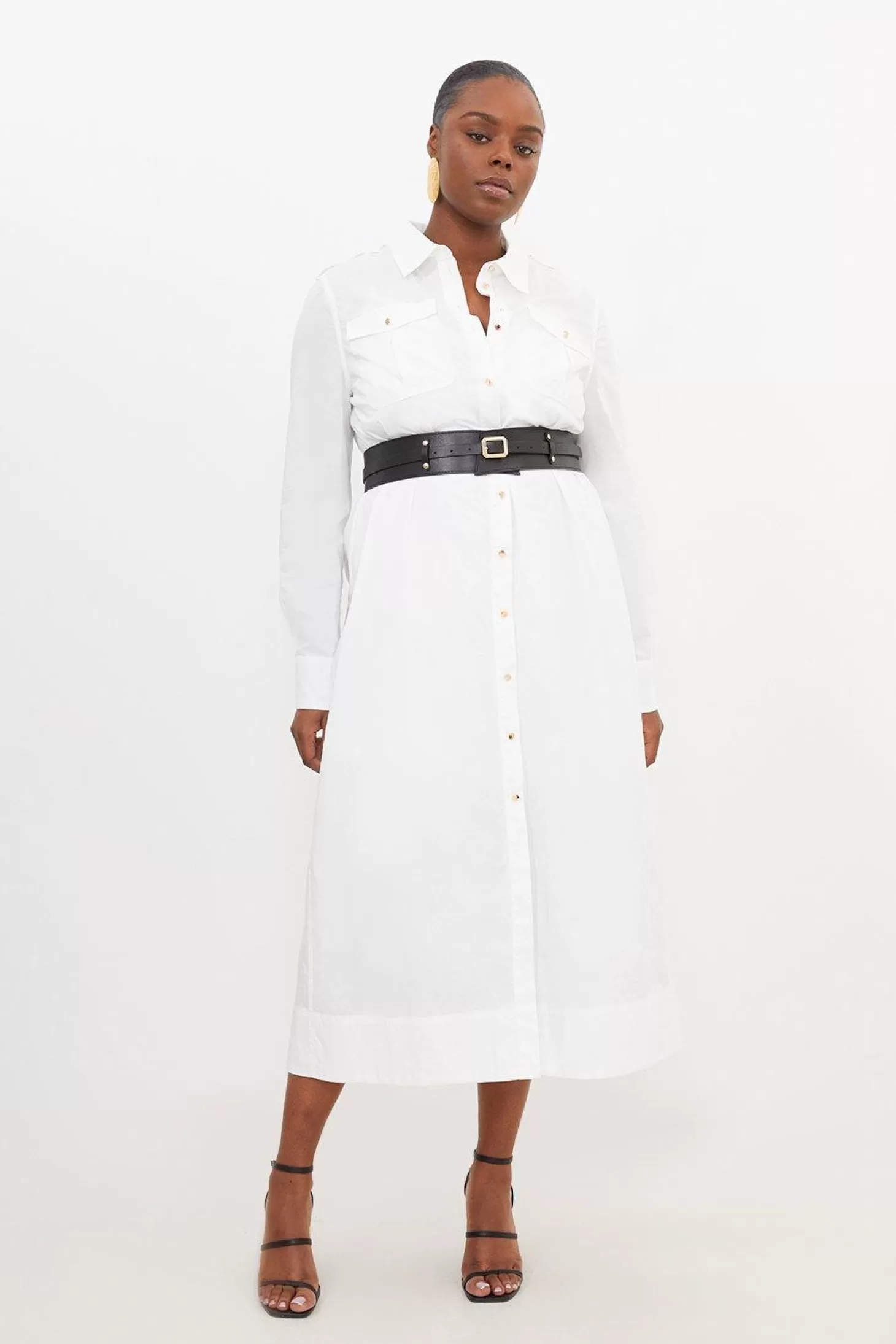 Karen Millen Plus Size Cotton Poplin Pu Belted Midaxi Woven Shirt Dress