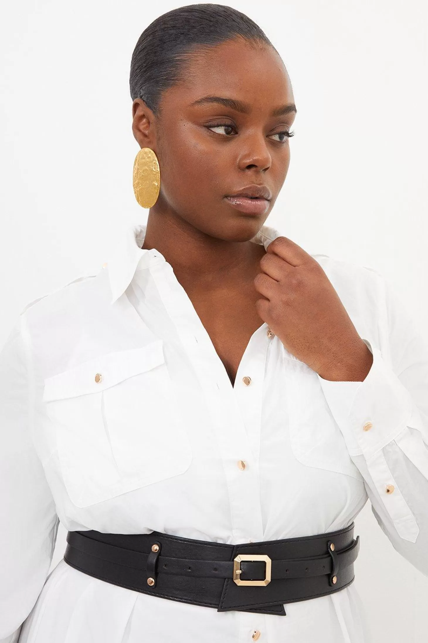 Karen Millen Plus Size Cotton Poplin Pu Belted Midaxi Woven Shirt Dress