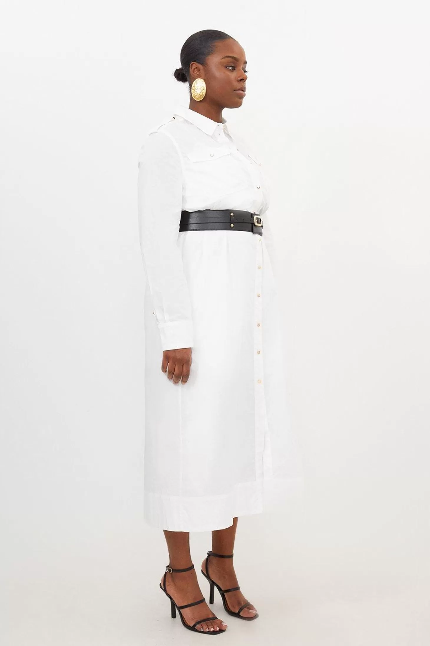 Karen Millen Plus Size Cotton Poplin Pu Belted Midaxi Woven Shirt Dress
