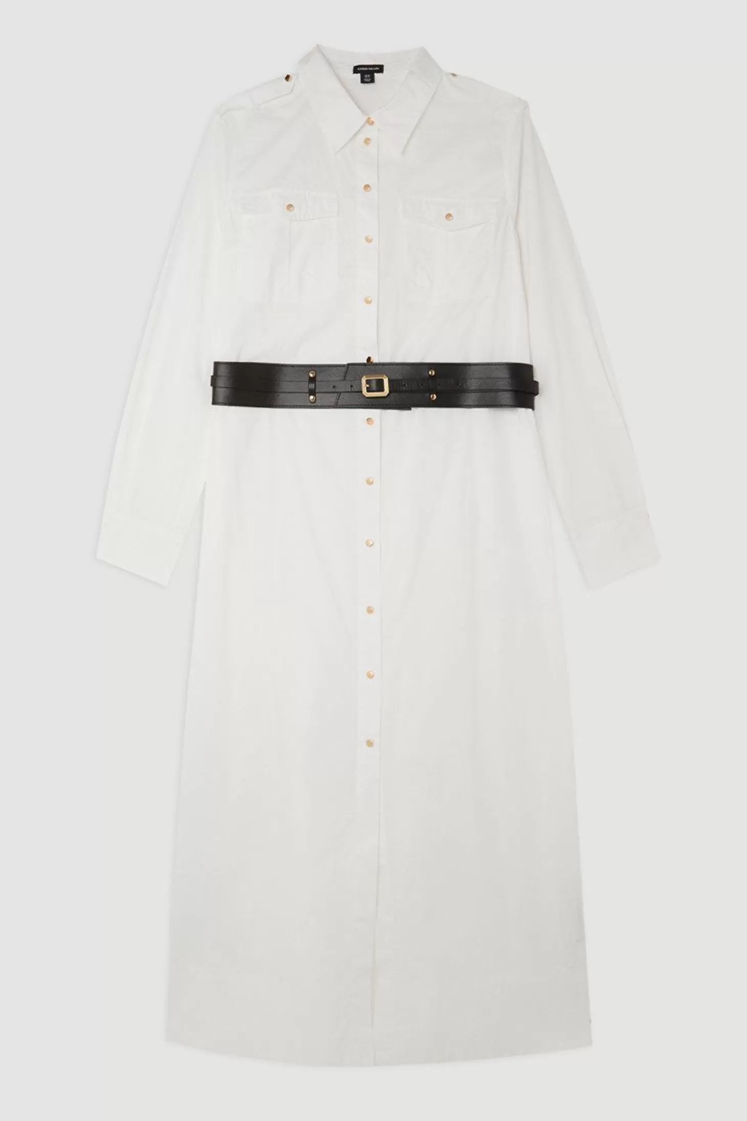 Karen Millen Plus Size Cotton Poplin Pu Belted Midaxi Woven Shirt Dress