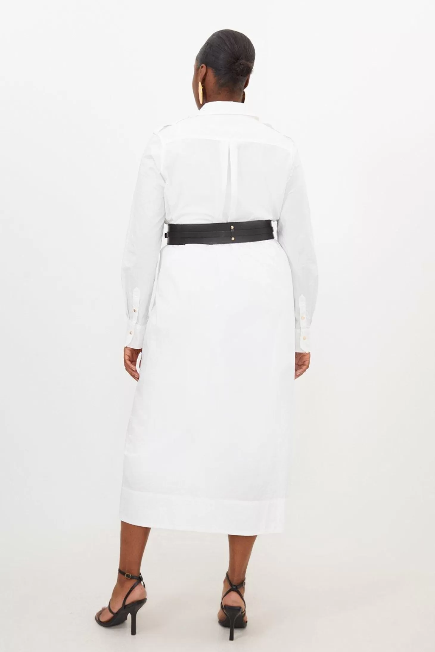 Karen Millen Plus Size Cotton Poplin Pu Belted Midaxi Woven Shirt Dress