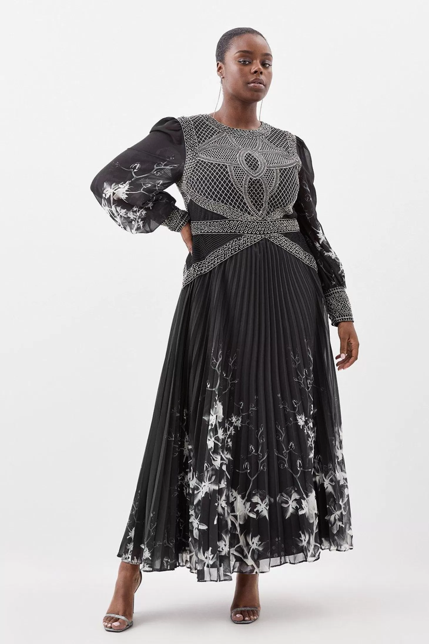 Karen Millen Plus Size Embellished Long Sleeve Pleated Woven Midi Dress