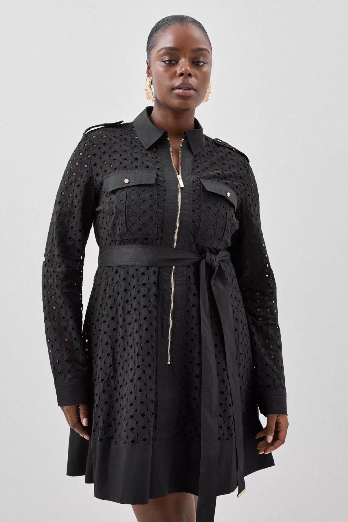 Karen Millen Plus Size Eyelet Cotton Mix Zip Woven Mini Dress