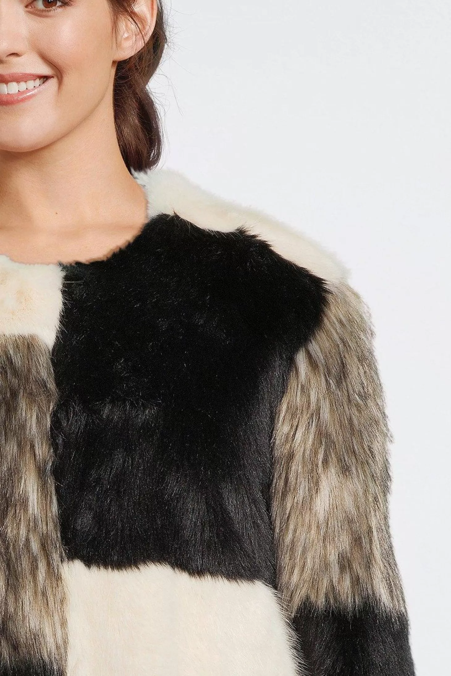 Karen Millen Plus Size Faux Fur Patchwork Contrast Coat