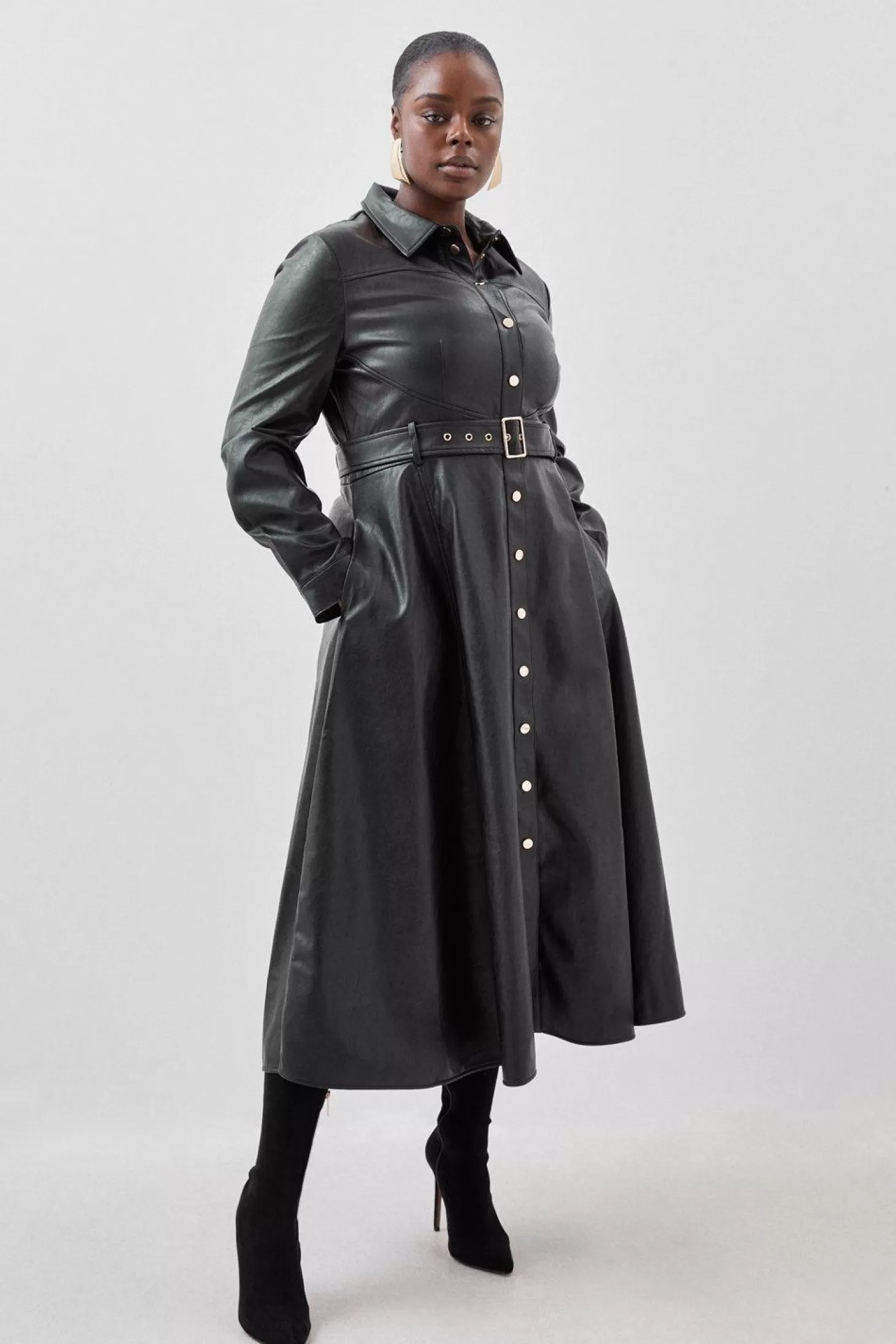 Karen Millen Plus Size Faux Leather Long Sleeved Belted Midi Shirt Dress