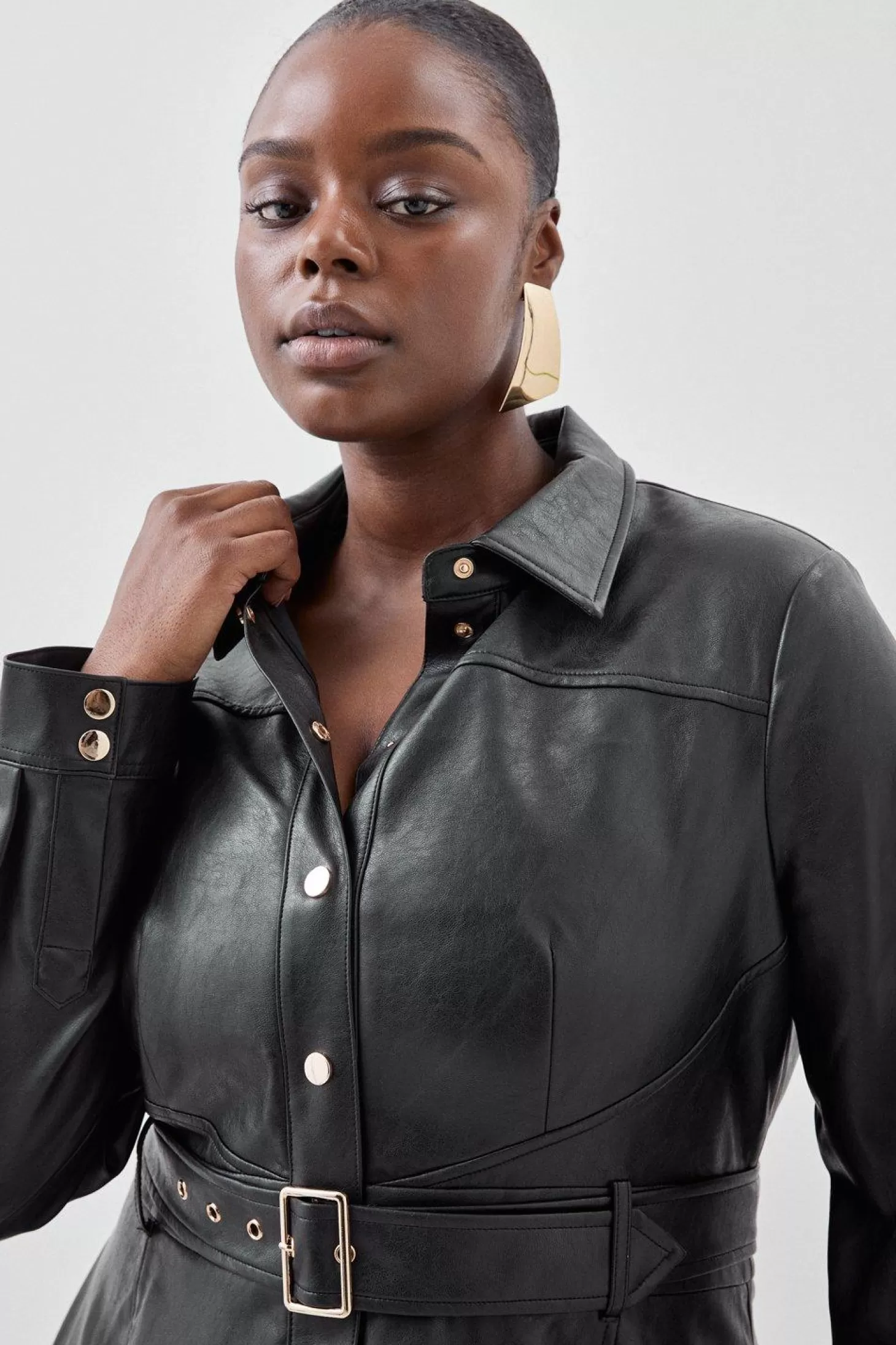 Karen Millen Plus Size Faux Leather Long Sleeved Belted Midi Shirt Dress