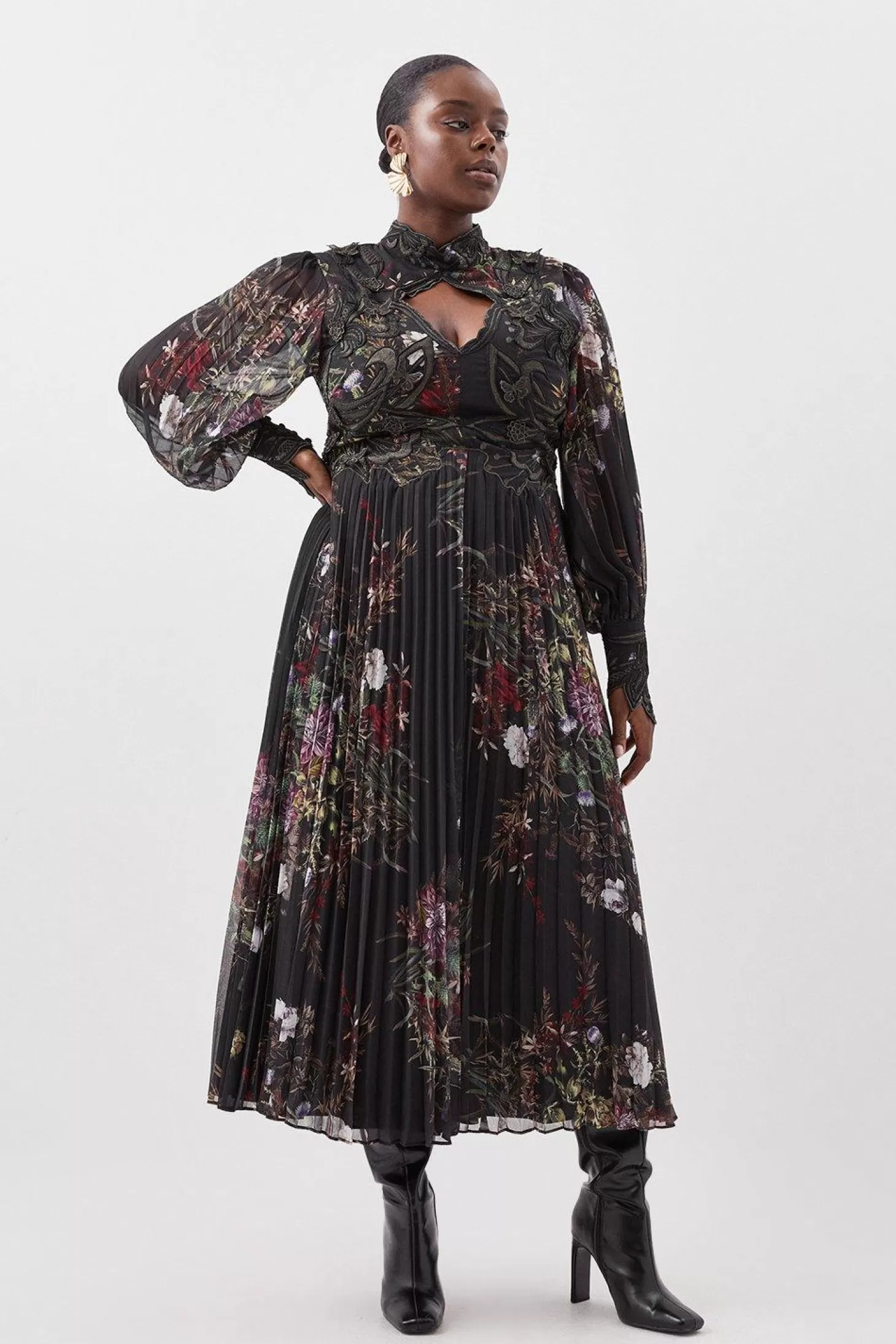 Karen Millen Plus Size Floral Applique Pleated Maxi Dress