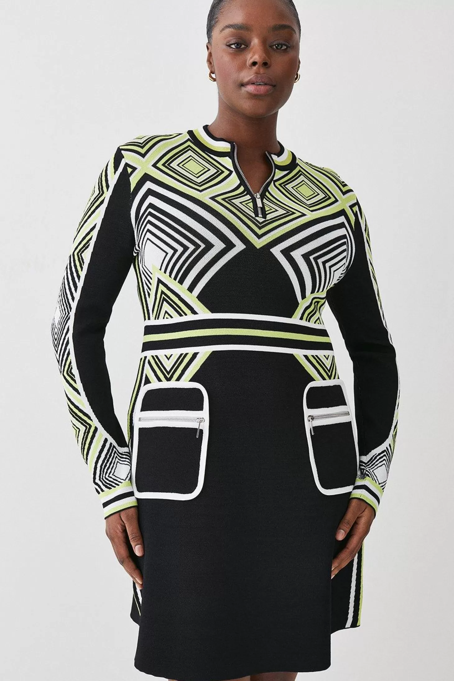 Karen Millen Plus Size Geo Jacquard Knit Fit And Flare Mini Dress