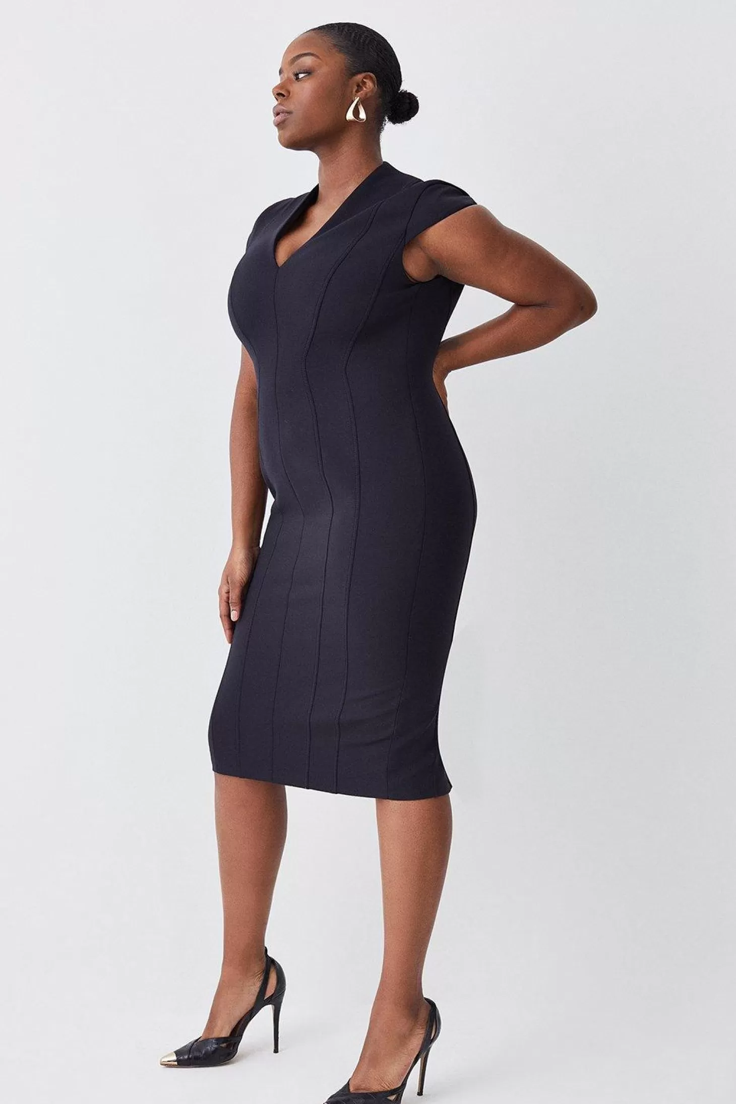 Karen Millen Plus Size Italian Compact Scuba Jersey Seamed Midi Dress