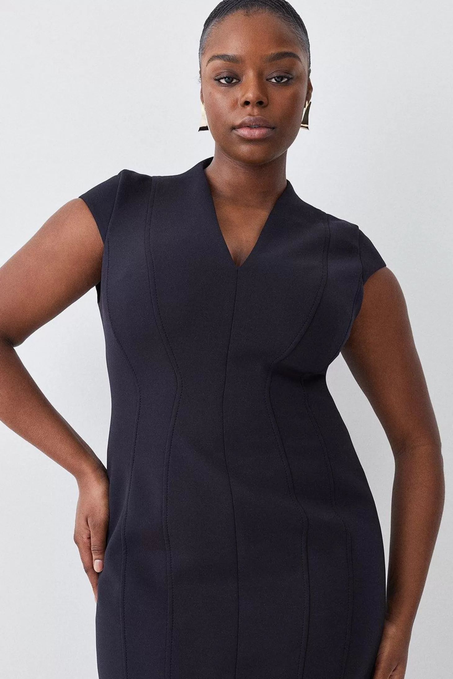 Karen Millen Plus Size Italian Compact Scuba Jersey Seamed Midi Dress