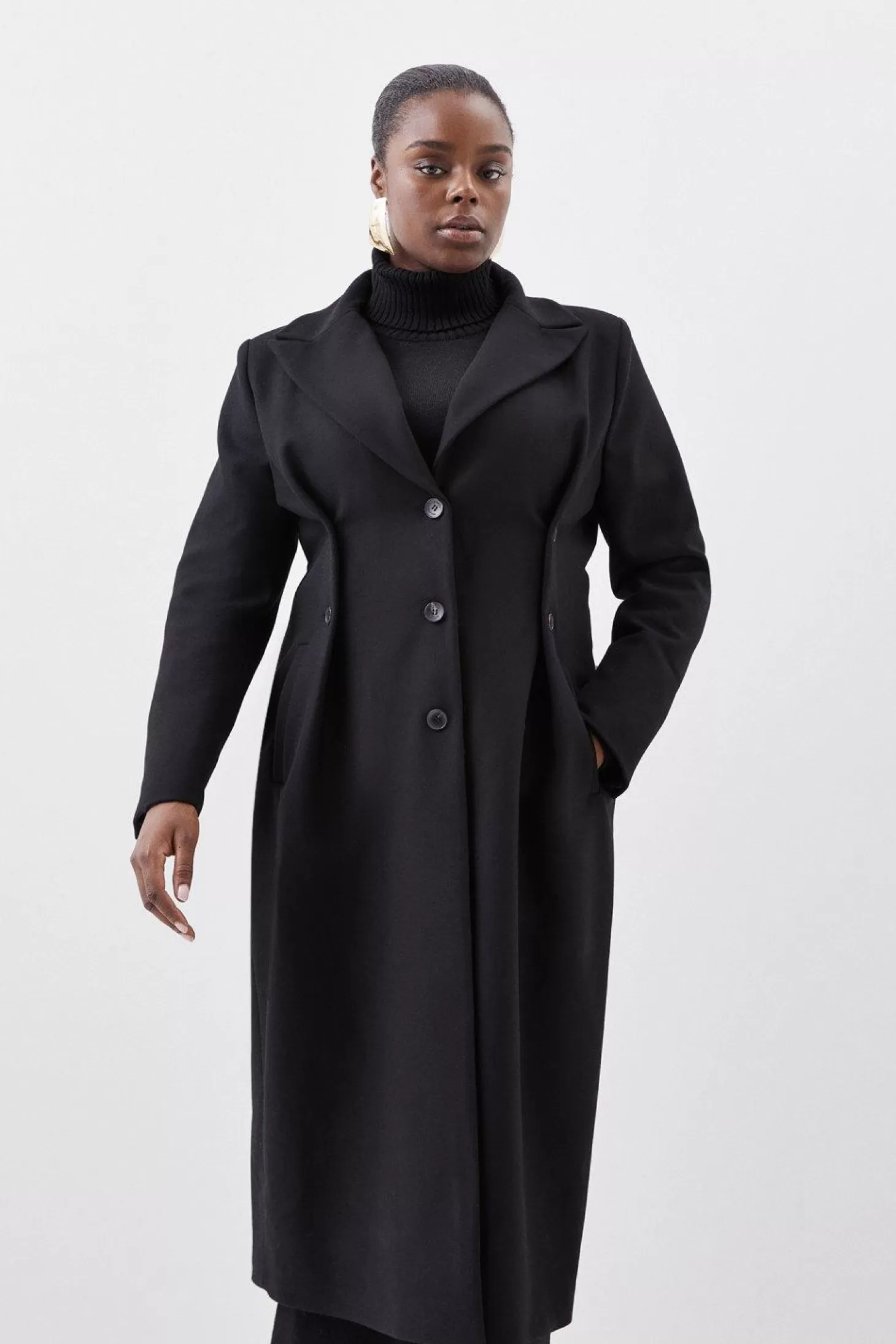 Karen Millen Plus Size Italian Manteco Wool Button Waist Detail Tailored Coat