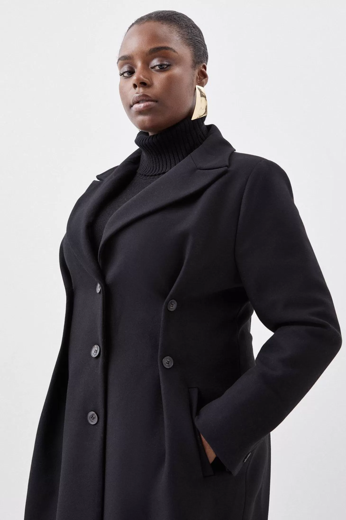 Karen Millen Plus Size Italian Manteco Wool Button Waist Detail Tailored Coat