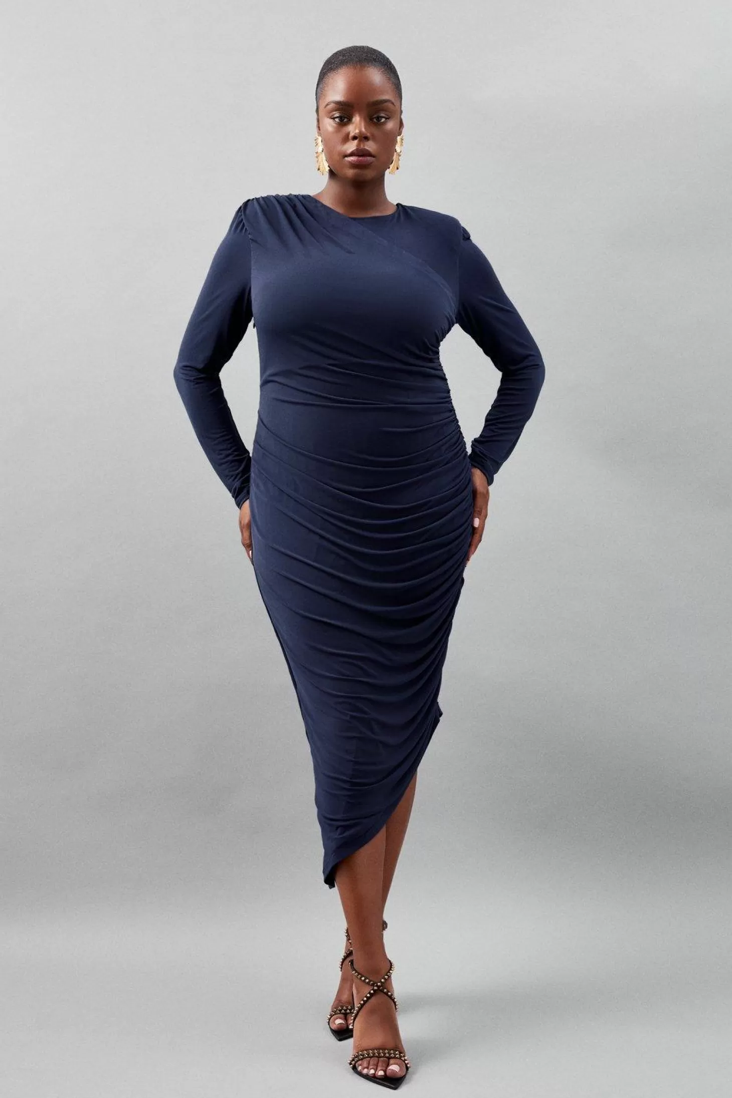 Karen Millen Plus Size Jersey Crepe Ruched Long Sleeve Maxi Dress