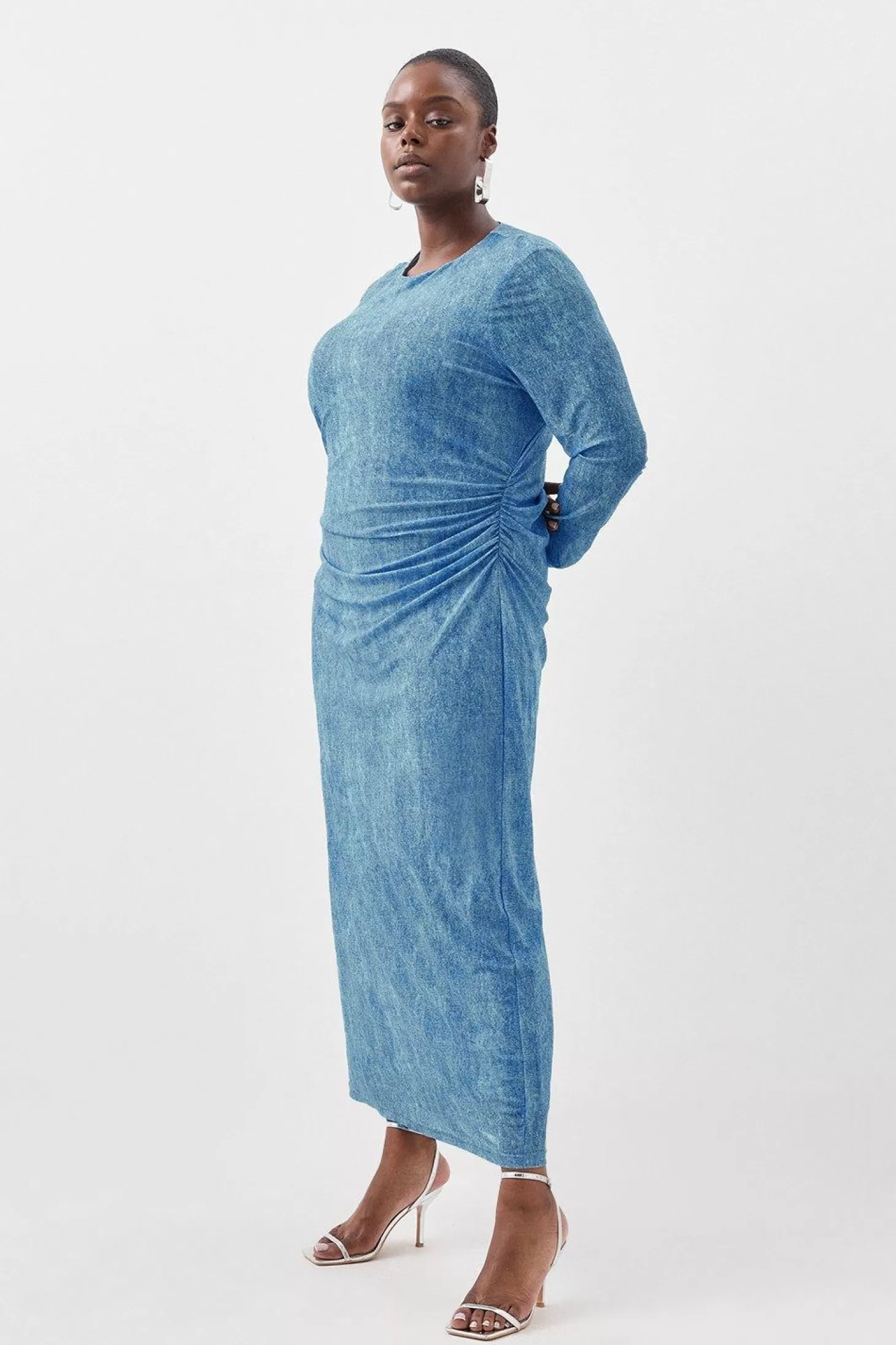 Karen Millen Plus Size Jersey Denim Print Long Sleeve Midi Dress