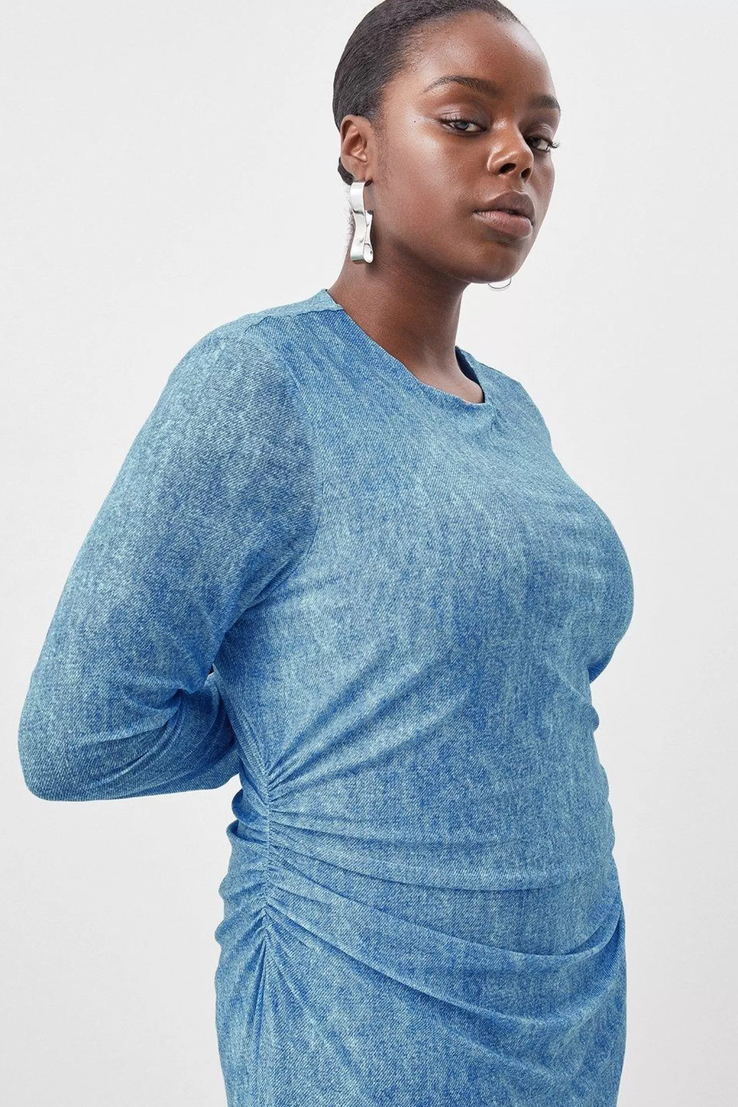 Karen Millen Plus Size Jersey Denim Print Long Sleeve Midi Dress