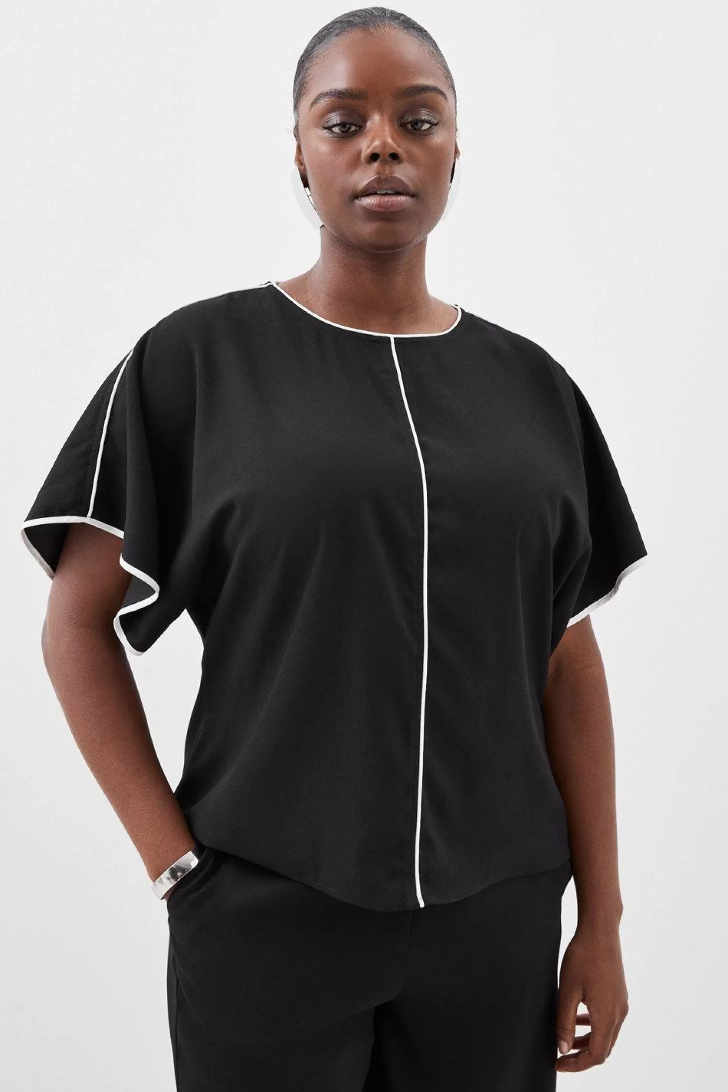 Karen Millen Plus Size Mono Satin Woven Crepe Contrast Batwing Blouse