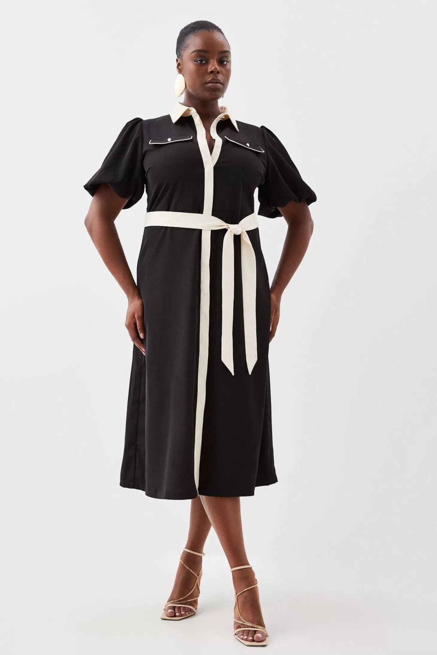 Karen Millen Plus Size Pin Dot Twill Belted Midi Dress
