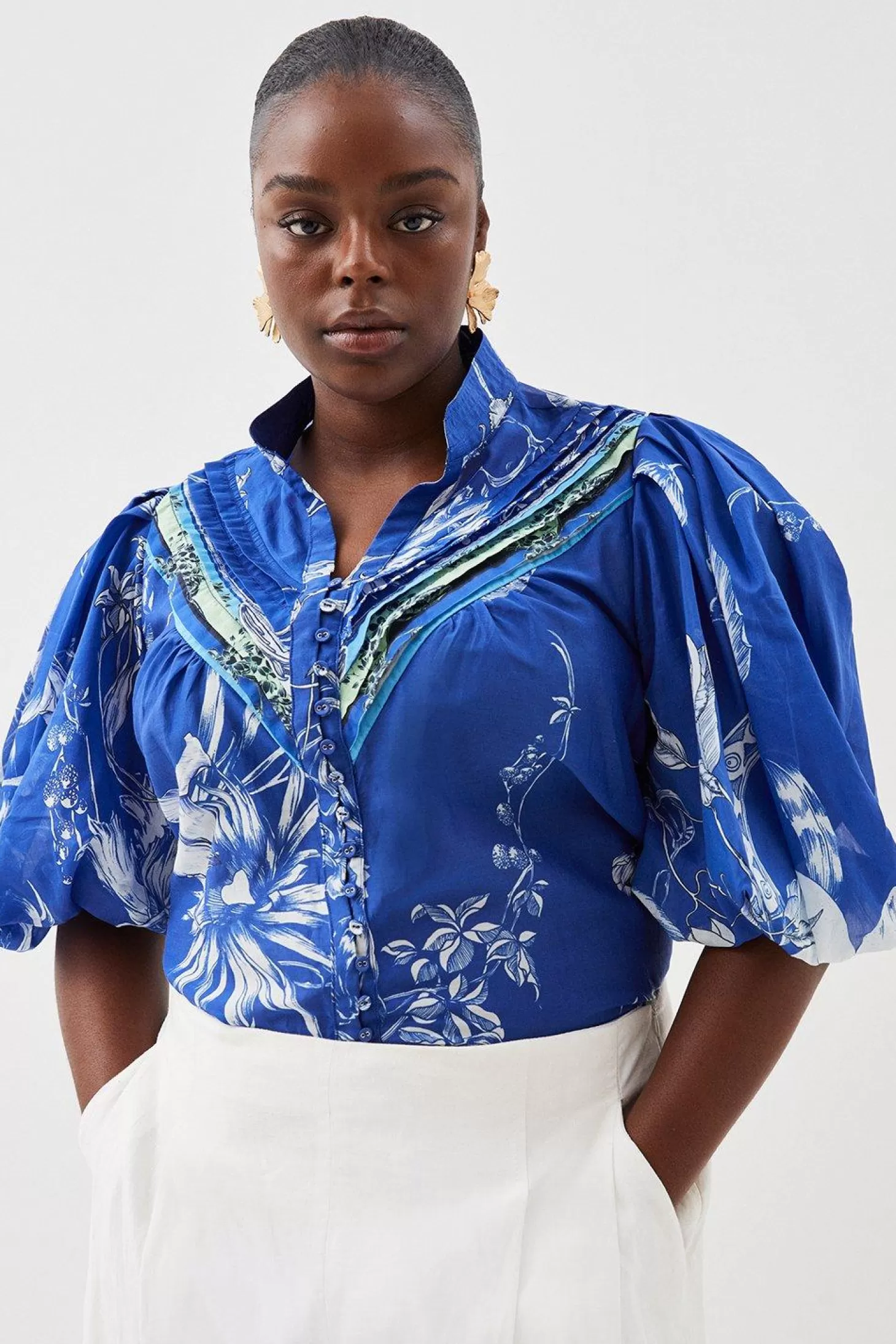 Karen Millen Plus Size Placed Silk Cotton Woven Blouse