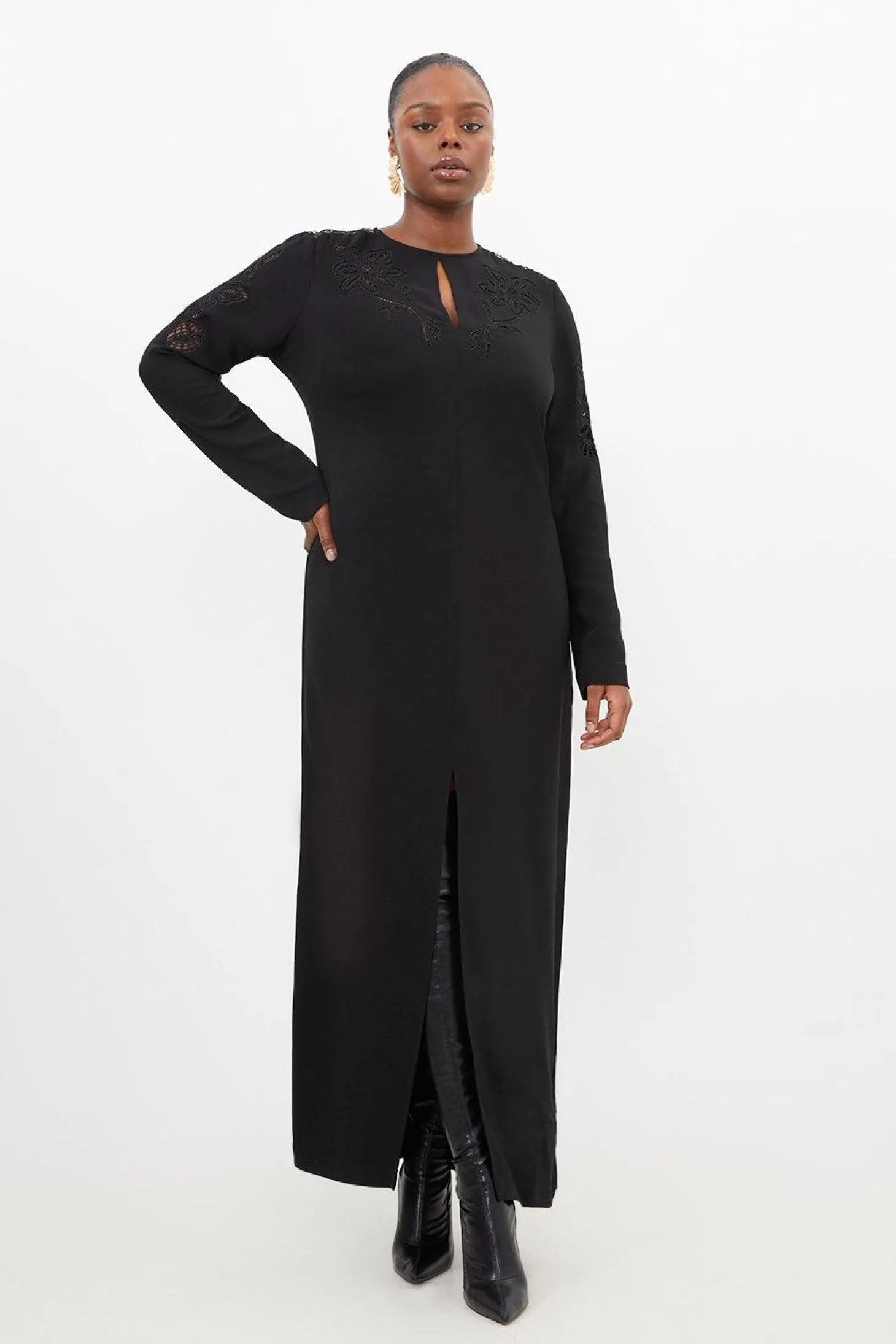 Karen Millen Plus Size Premium Cady Cutwork Woven Long Sleeve Maxi Dress