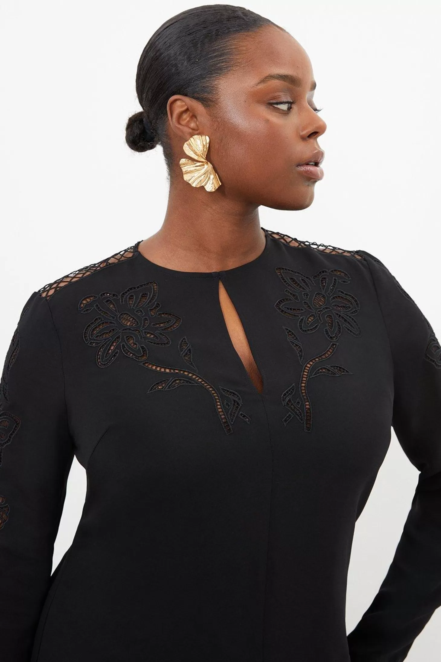Karen Millen Plus Size Premium Cady Cutwork Woven Long Sleeve Maxi Dress