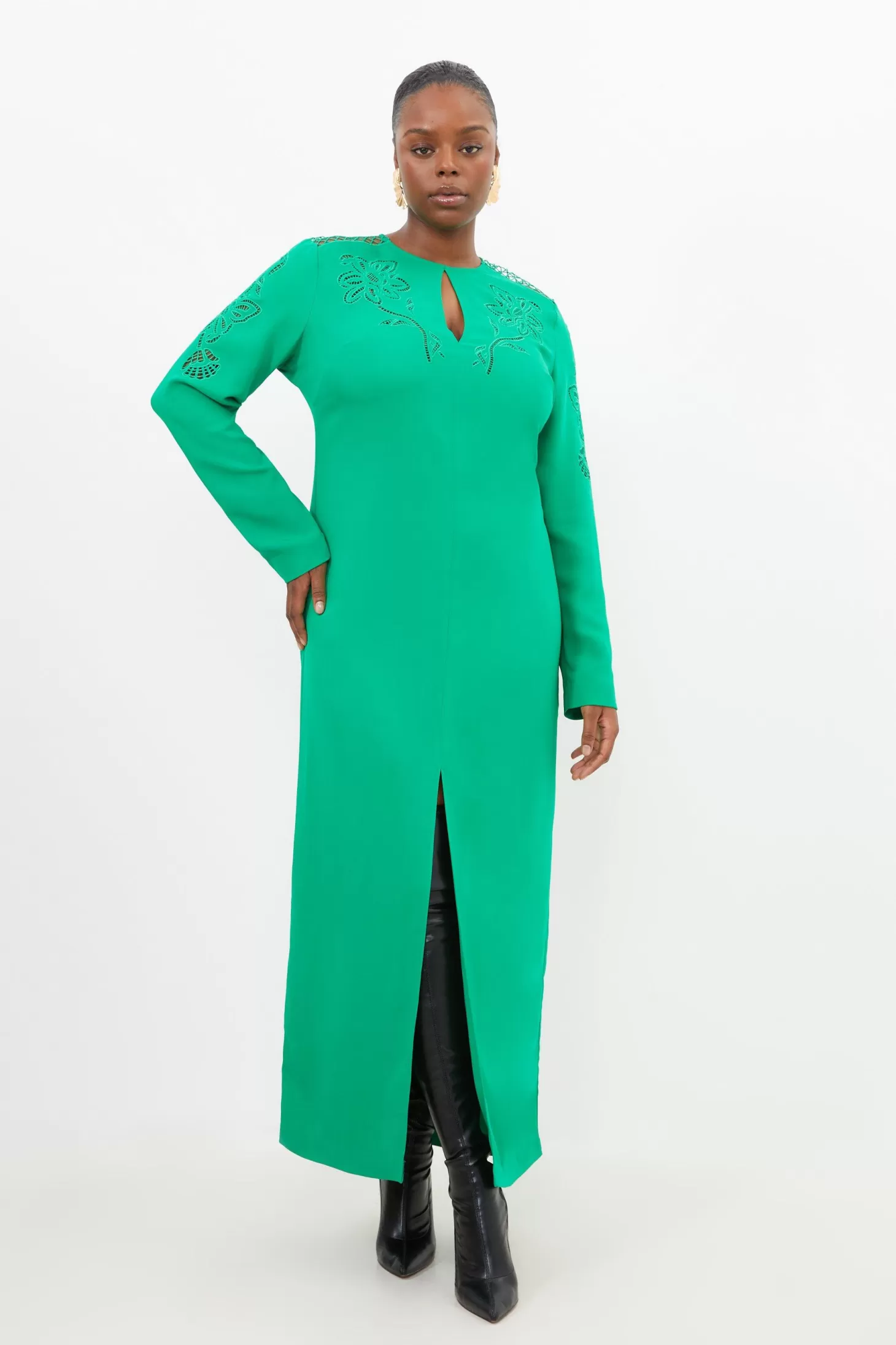 Karen Millen Plus Size Premium Cady Cutwork Woven Long Sleeve Maxi Dress