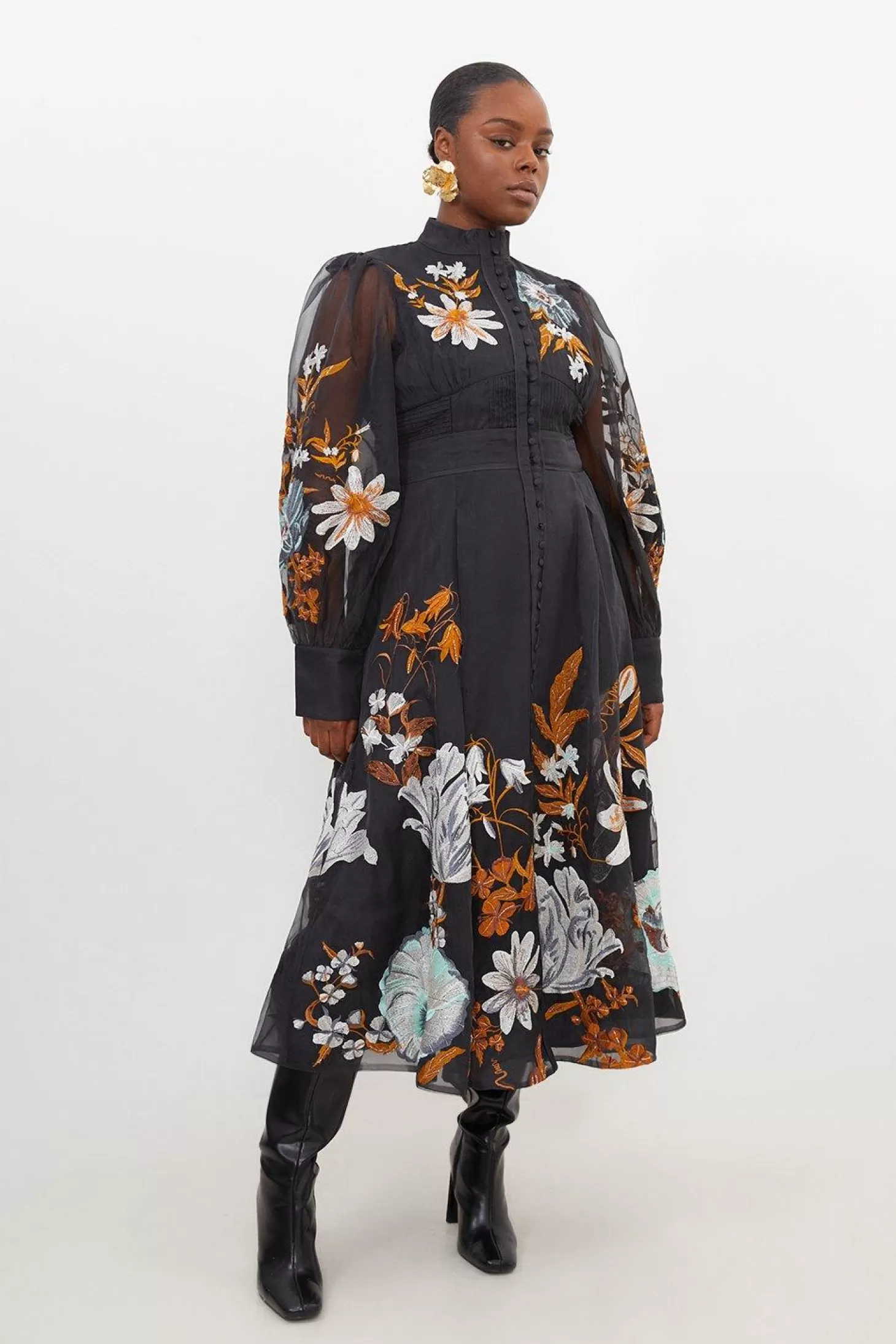 Karen Millen Plus Size Premium Embroidered Beaded Organdie Woven Maxi Dress