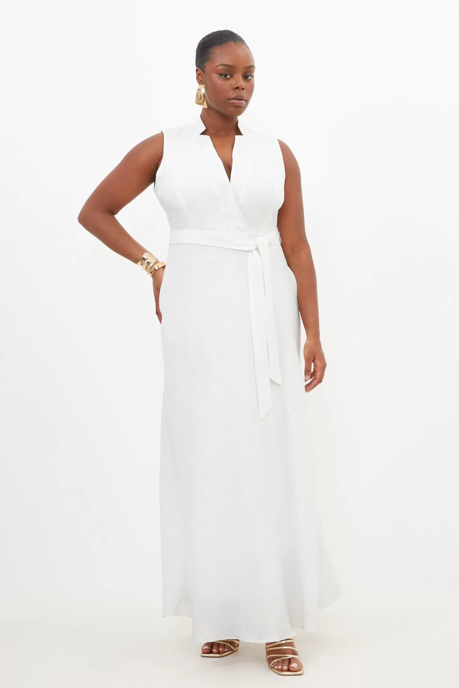Karen Millen Plus Size Premium Tailored Linen Notch Neck Belted Dress