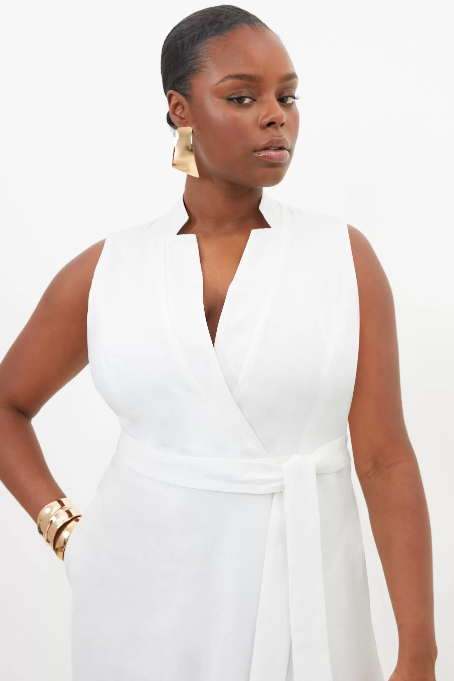 Karen Millen Plus Size Premium Tailored Linen Notch Neck Belted Dress